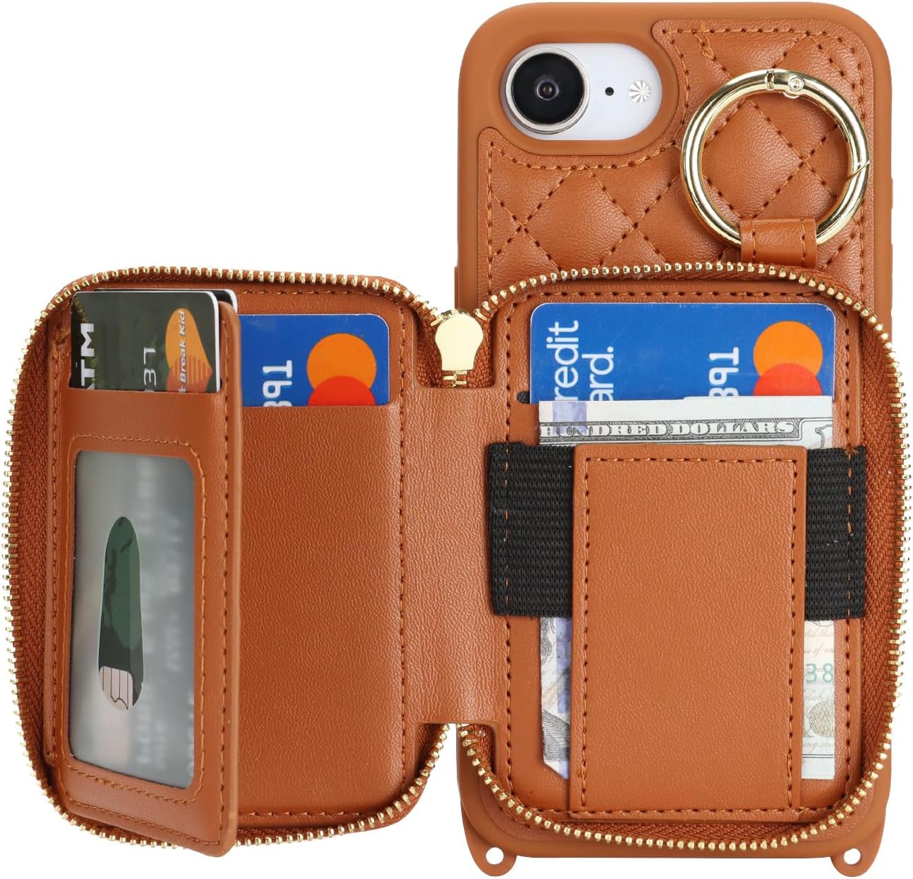 Crossbody Wallet Case for iPhone 17e/16e, PU Leather Zipper Handbag Purse Flip Cover, Kickstand Folio Case with Card Slots Holder Wrist Strap Lanyard 5G 6.1 Inch-Brown