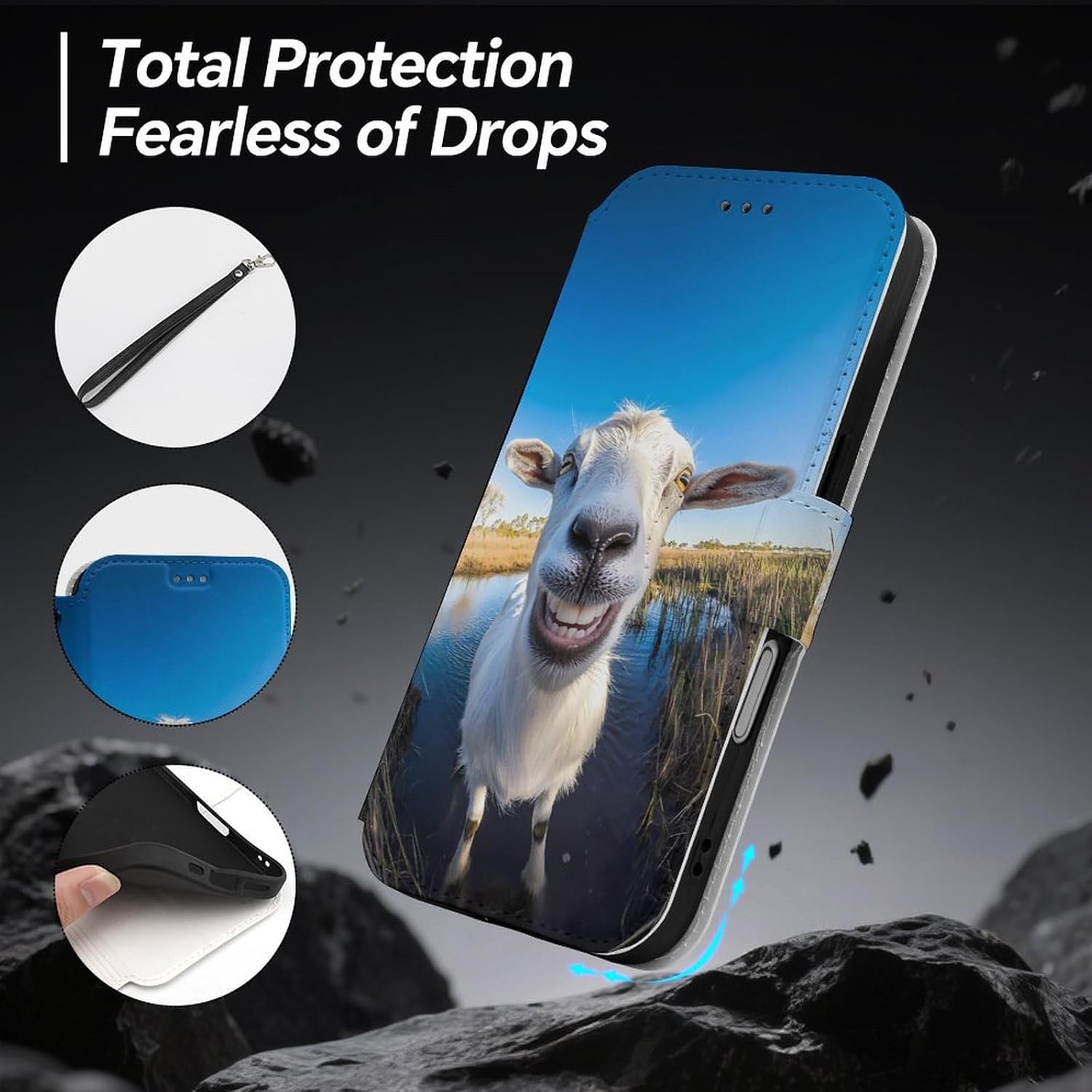 A Goat Smiles at The Camera Compatible with iPhone 16/16 Plus/16 Pro/16 Pro Max/16 E Case Phone Wallet Card Holder Flip Cover with Wrist Strap