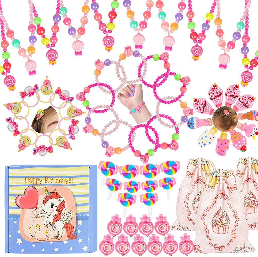 foci cozi 80 PCS Candyland Party Favors Set- Lollipop Necklace Bracelet Hair Clips Stickers Hair Ties Gift Bag Sweet Candy Birthday Party Supplies Donut Goodie Bag Fillers Prize for Boys and Girls