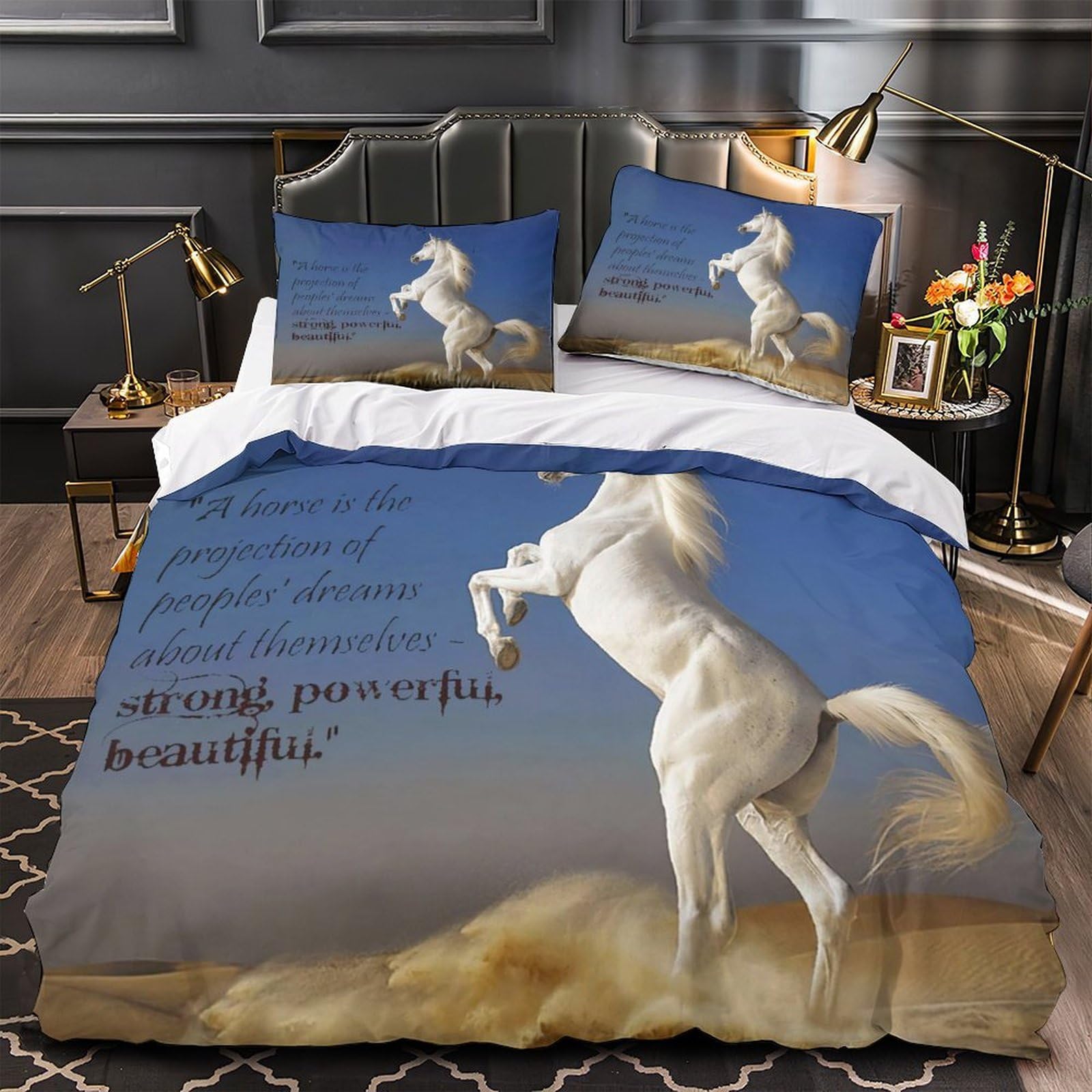 Parure de lit cheval 3D 220x240 cm avec housse de couette et taies microfibre