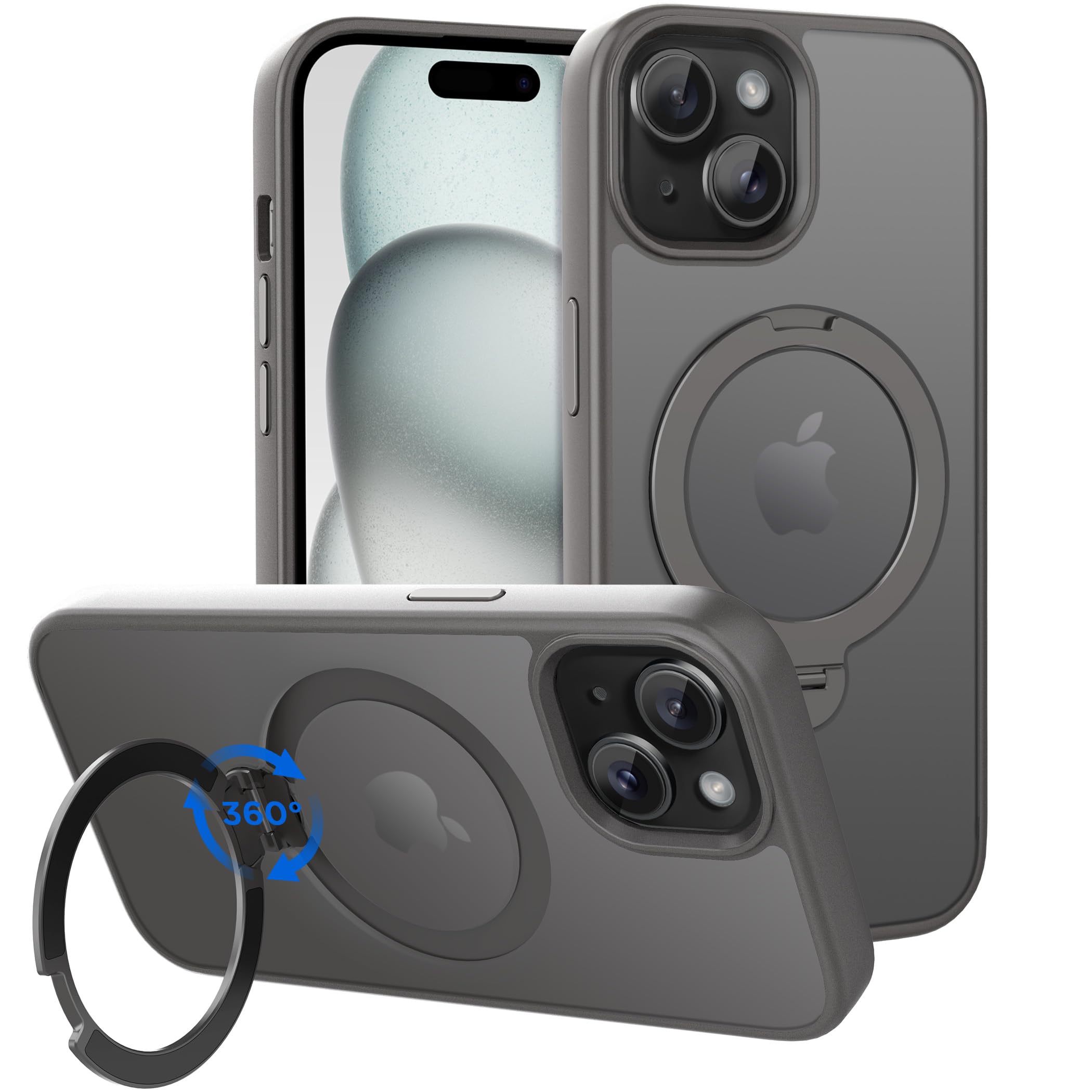 CACOE Magnetic Case for iPhone 15 with Stand, Compatible with MagSafe Gray | 360 Rotatable Ring Stand, Compatible with MagSafe, Car Phone Mount, Phone