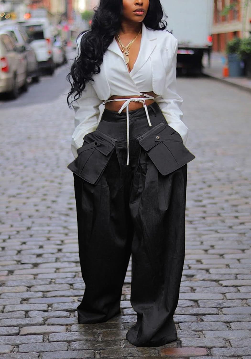 DINGANG High Waisted Wide Leg Cargo Pants Women Flowy Casual Pants with Zippers Pockets - Image 5