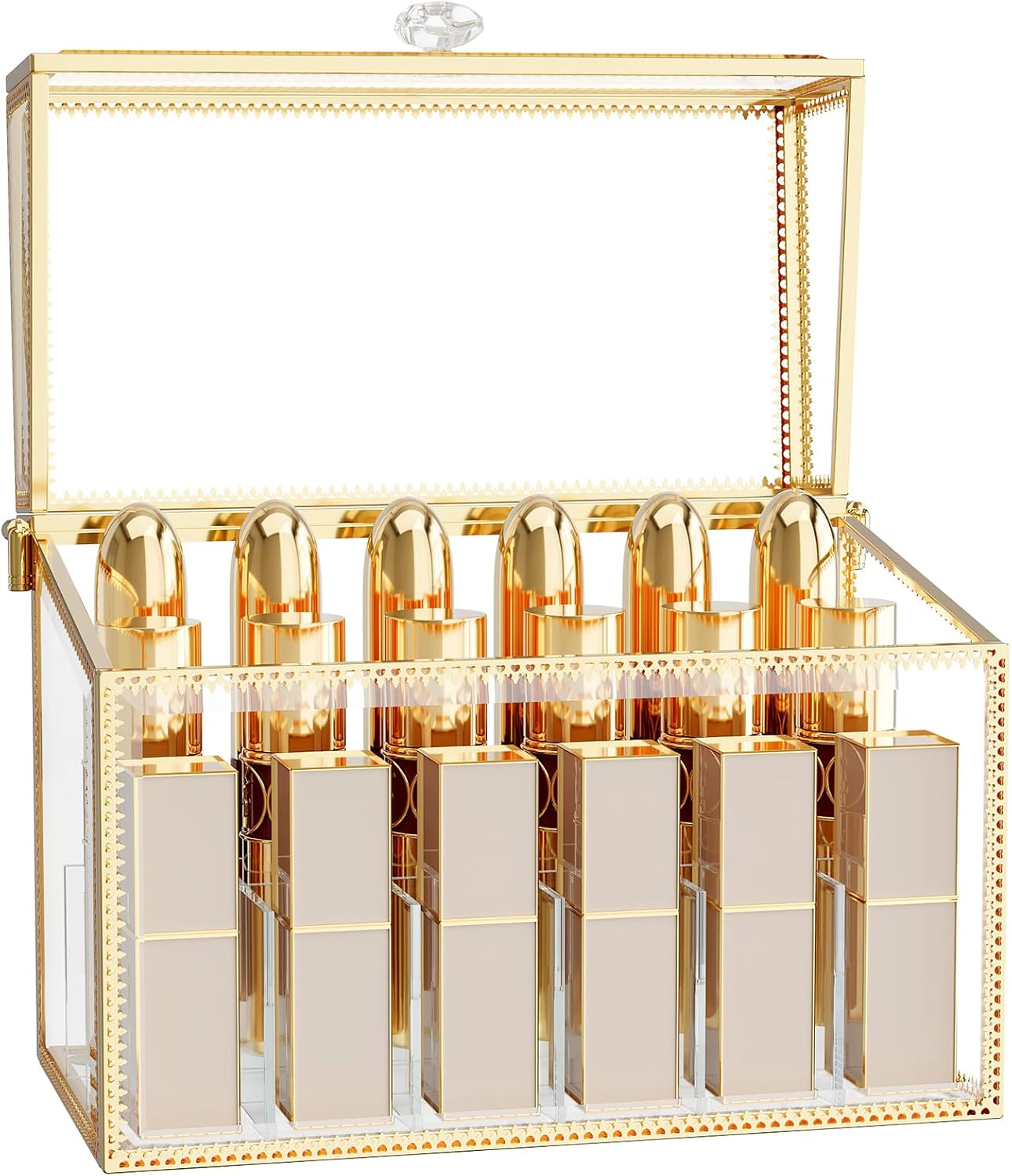 Lipstick Organizer - Luxury Tempered Glass Lipstick Holder & Nail Polish Organizer, 18-Slot Vanity Cosmetic Organizer with Removable Dividers, Gold