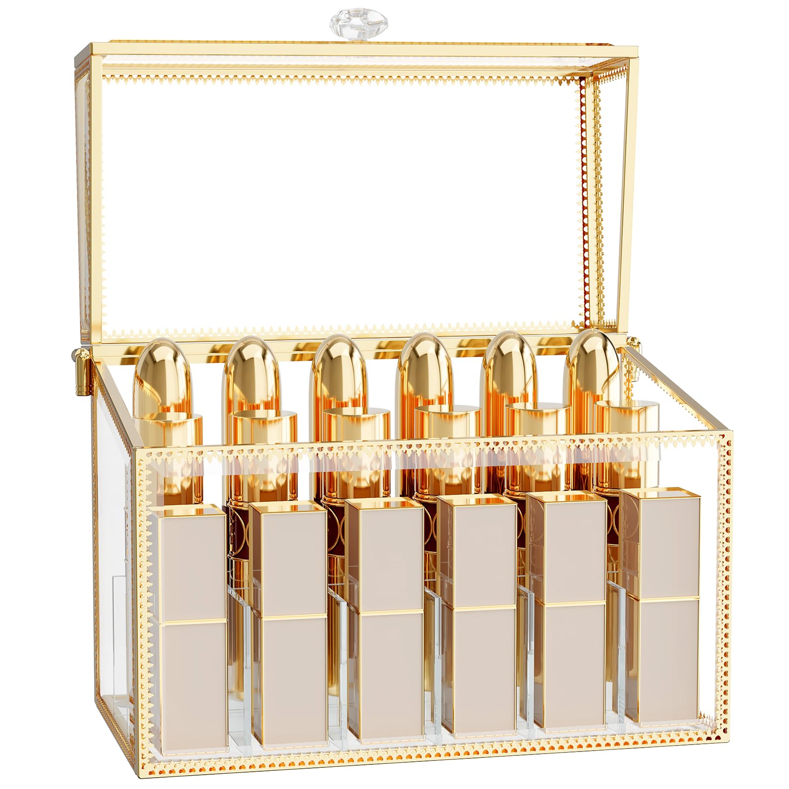 Lipstick Organizer,Luxury Tempered Glass Lipstick Holder & Nail Polish Organizer, 18-Slot Vanity Cosmetic Organizer with Removable Dividers, Gold