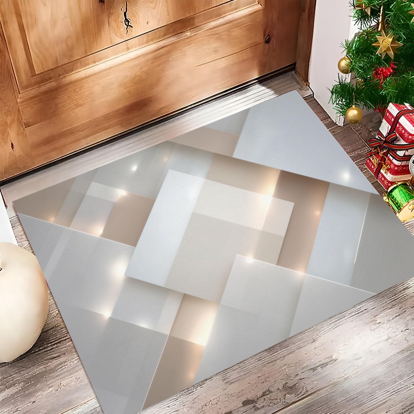 Felpudo exterior de celosía geométrica beige gris para entrada lavable y resistente