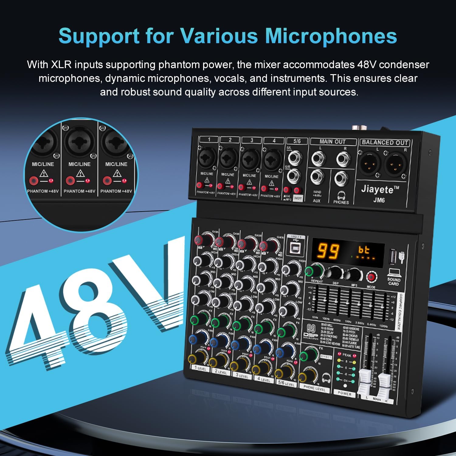 6 Channel DJ Mixer, Professional Audio Mixer, Metal, DSP 99 Preset Effects, Bluetooth Sound Board, 48V Phantom Power, Black USB Xlr Music Streaming Mini Mixing Console, Pa Mixer for PC, Podcast