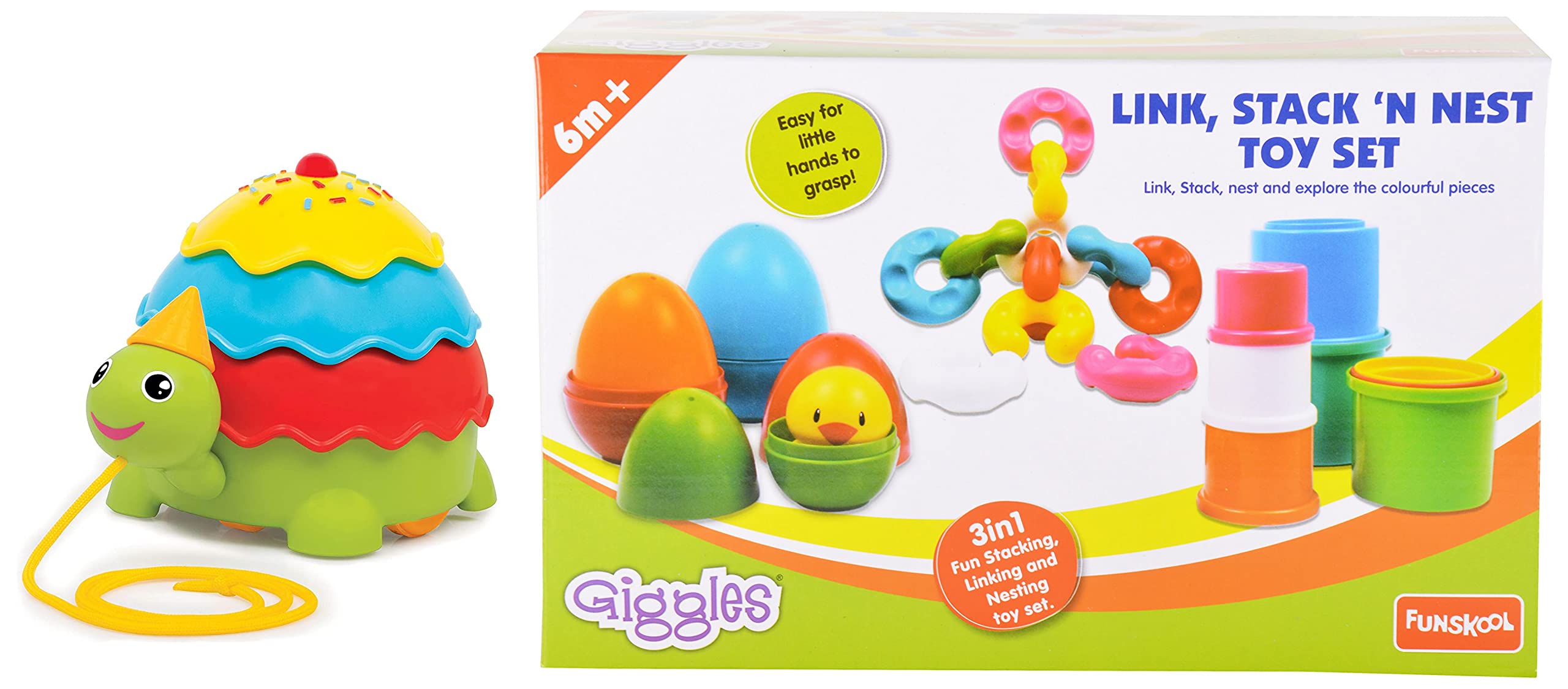 Giggles - Icecream Turtle, 2 in Pull Along Toy, Walking, Shape Sorting,Pretend Play, Infant and Preschool Toys & - Link Stack N Nest Toy Set, Multicolour 3 in 1 Gift Set, Develops Motor Skills