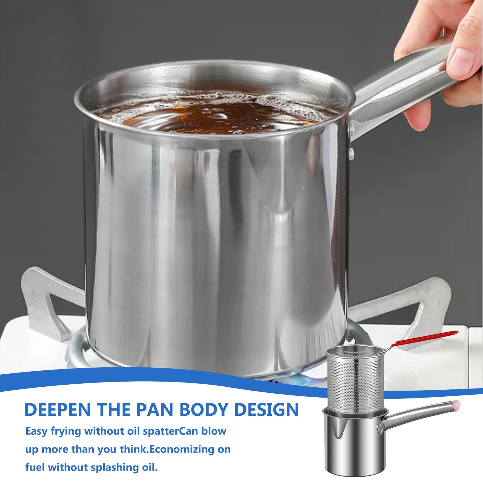 GOMETY Pentola da 1,8 l, in acciaio inox 304, contenitore per grasso con filtro a maglia fine, filtro e taglio per cucina/campeggio, adatta a tutti i piani cottura (set di friggitrice)