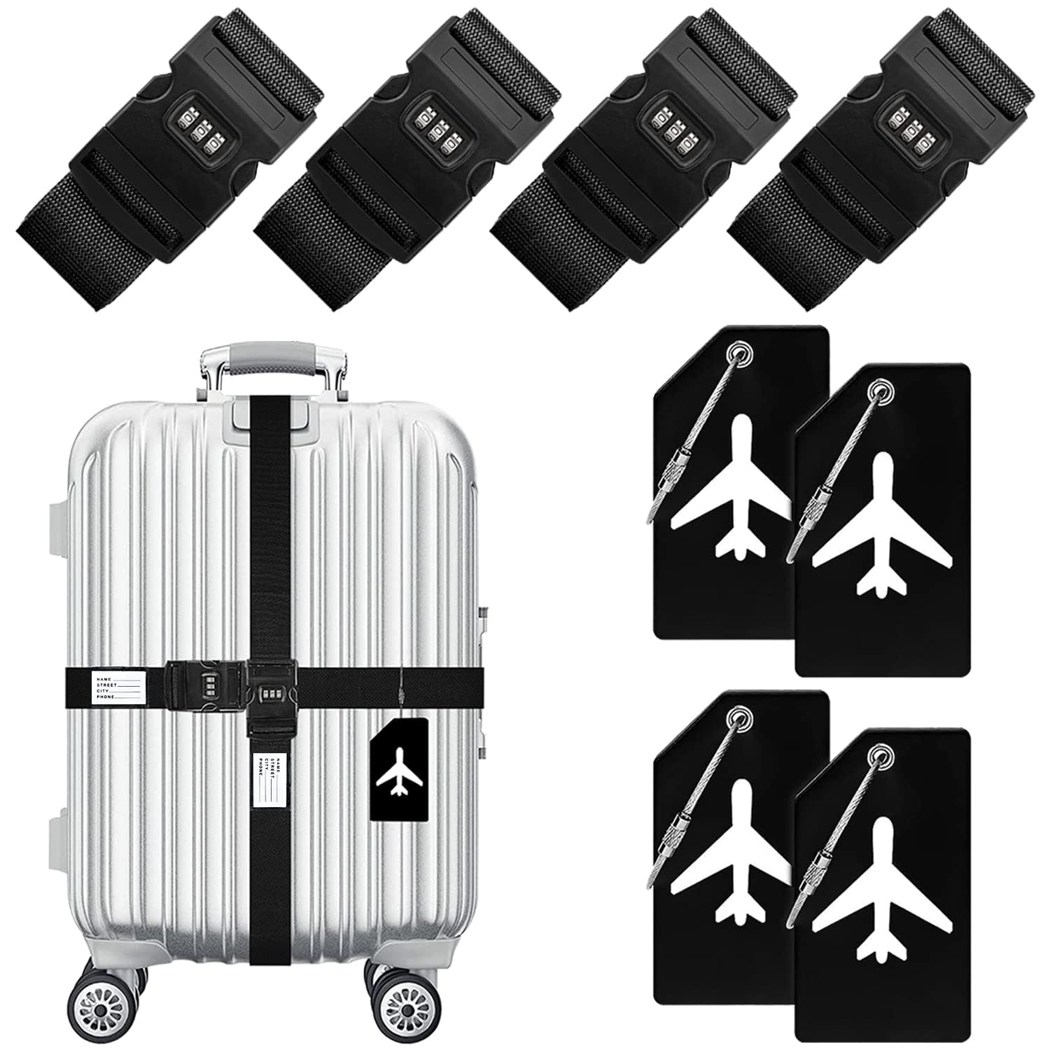 Tazweeq 4Pcs Luggage Straps, Lock Buckle Packing Straps Adjustable,Belts Silicone Luggage Tags, Travel Suitcase Tags with Name ID Card for Luggage Suitcase Travel Accessories