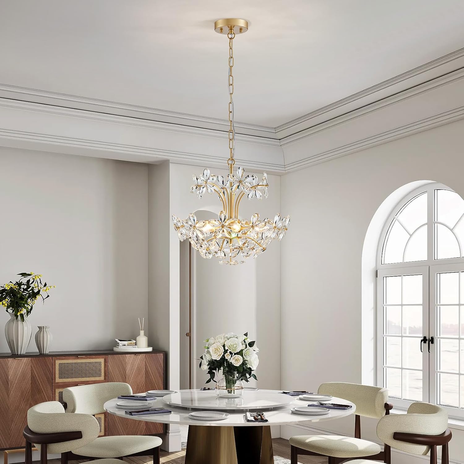 WUZUPS Crystal Chandelier Pendant Flushmount Ceiling Light Modern Lighting Fixture for Bedroom Hallway Bar Kitchen Bathroom, H 15.7" x W 17.7", Gold, E12 Base