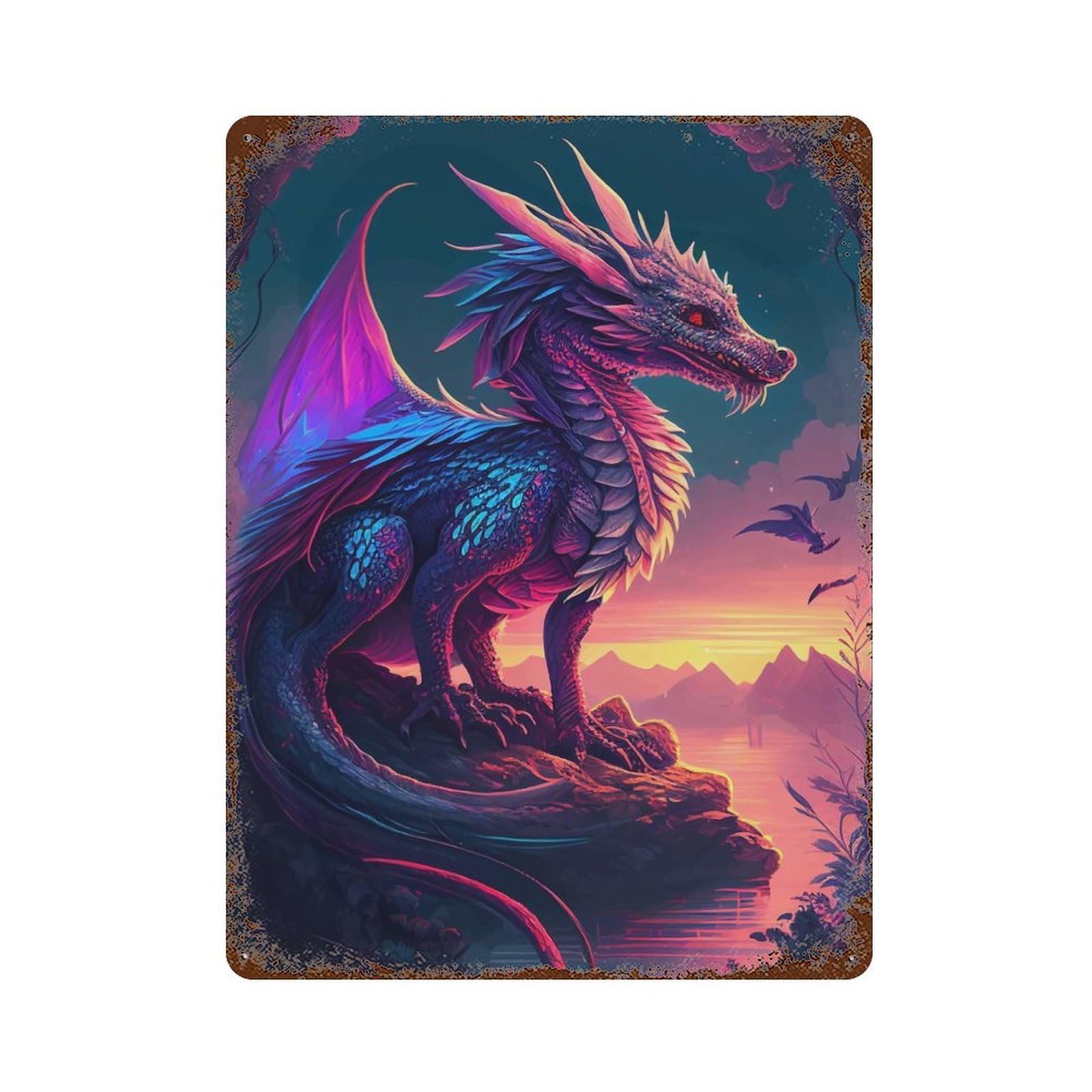 Aged Metal Wall Plaque with Beautiful Dragon Design 15.7"x11.8", for Cafe, Home Bar And Lounge Decor, Novelty Wall Decor