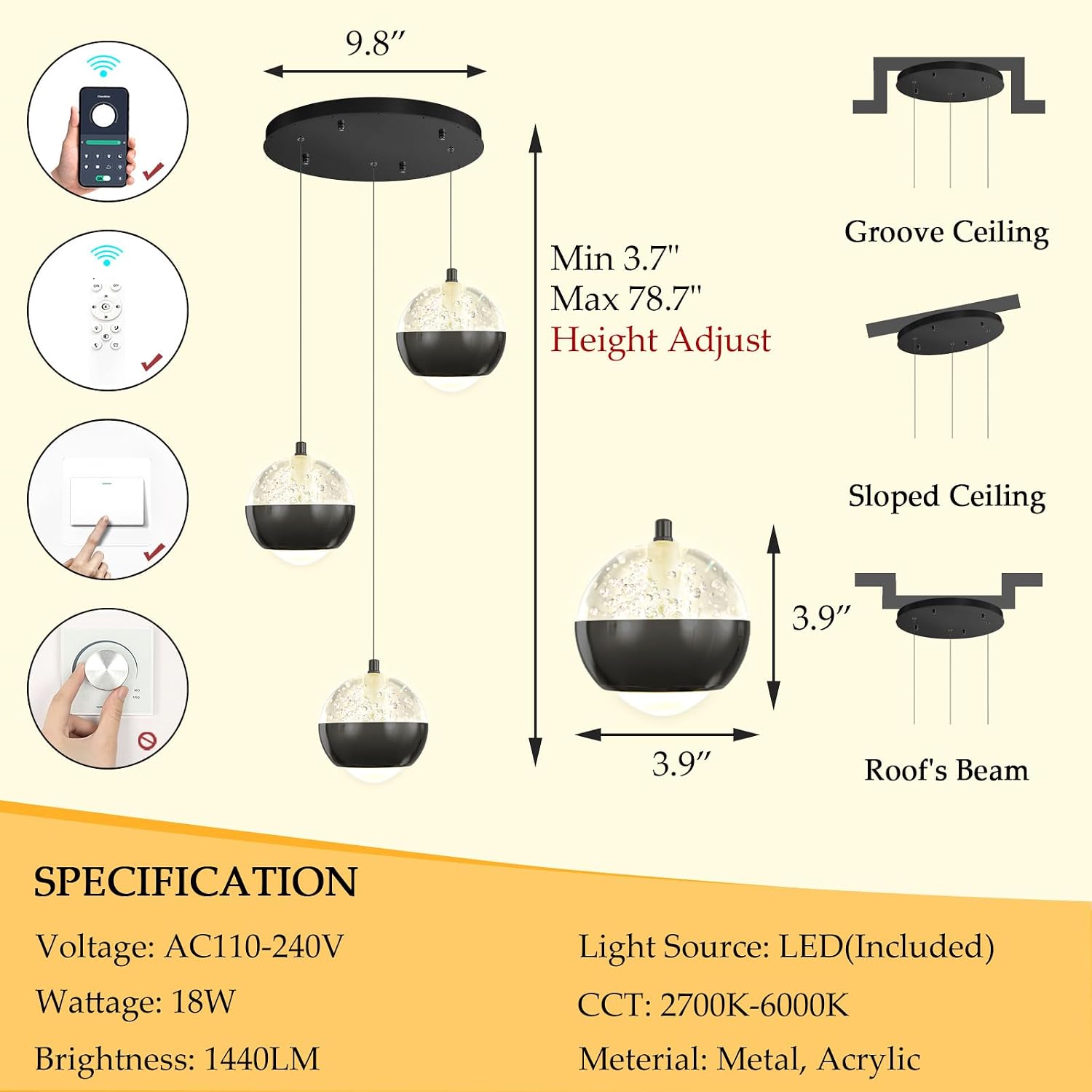 3-Lights Modern Pendant Lights for Kitchen Island LED Remote Dimmable Chandeliers for Dining Room Bedroom Hallway Black Light