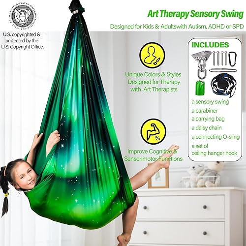 Miniatura 16 de Columpio sensorial para niños y adultos con capacidad para hasta 300 libras en interiores y exteriores, columpio de terapia de doble capa con kit