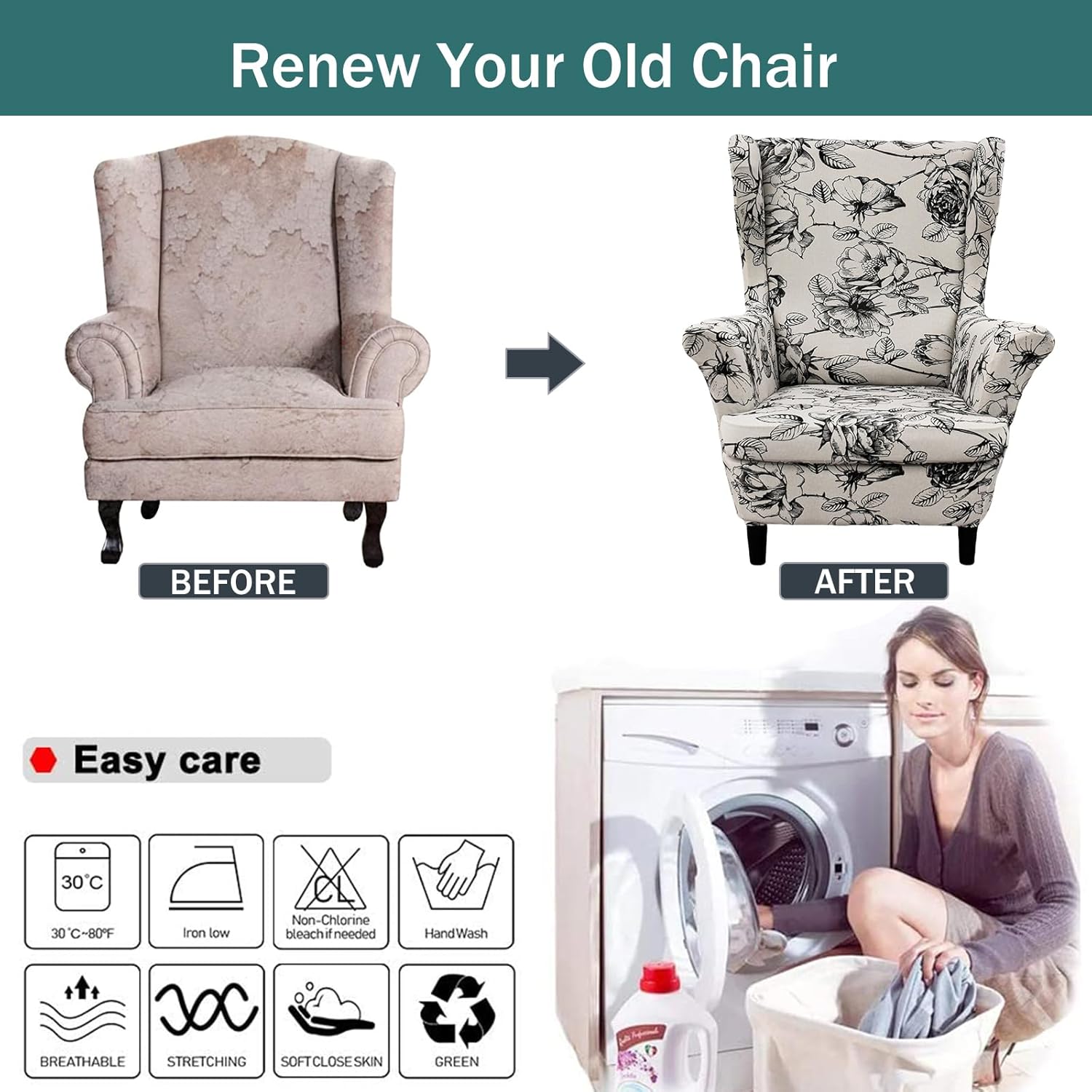 NILUOH Wing Chair Slipcovers 2 Pieces Stretch Spandex Wingback Chair Covers Washable Slipcover for Wingback Armchairs Non-Slip Furniture Protector with Elastic Bottom for Living Room