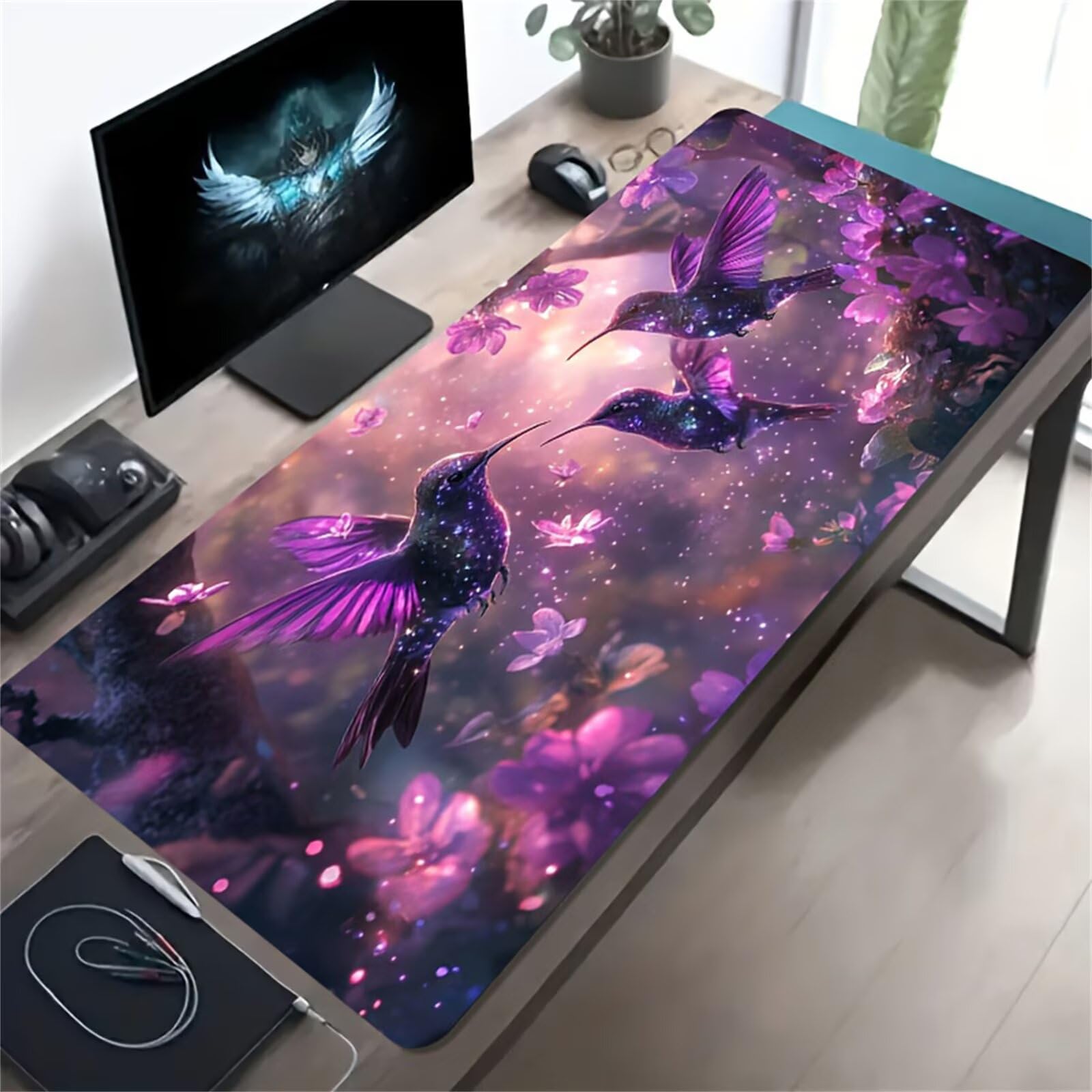 Tappetino Mouse Gaming XXL 1200x600x3 mm, Tappetino da Scrivania Grande, con Bordi Cuciti Rinforzati, Base in Gomma Antiscivolo, Tappetino per Tastiera Lavabile per PC e Laptop, Uccelli Fiori Viola