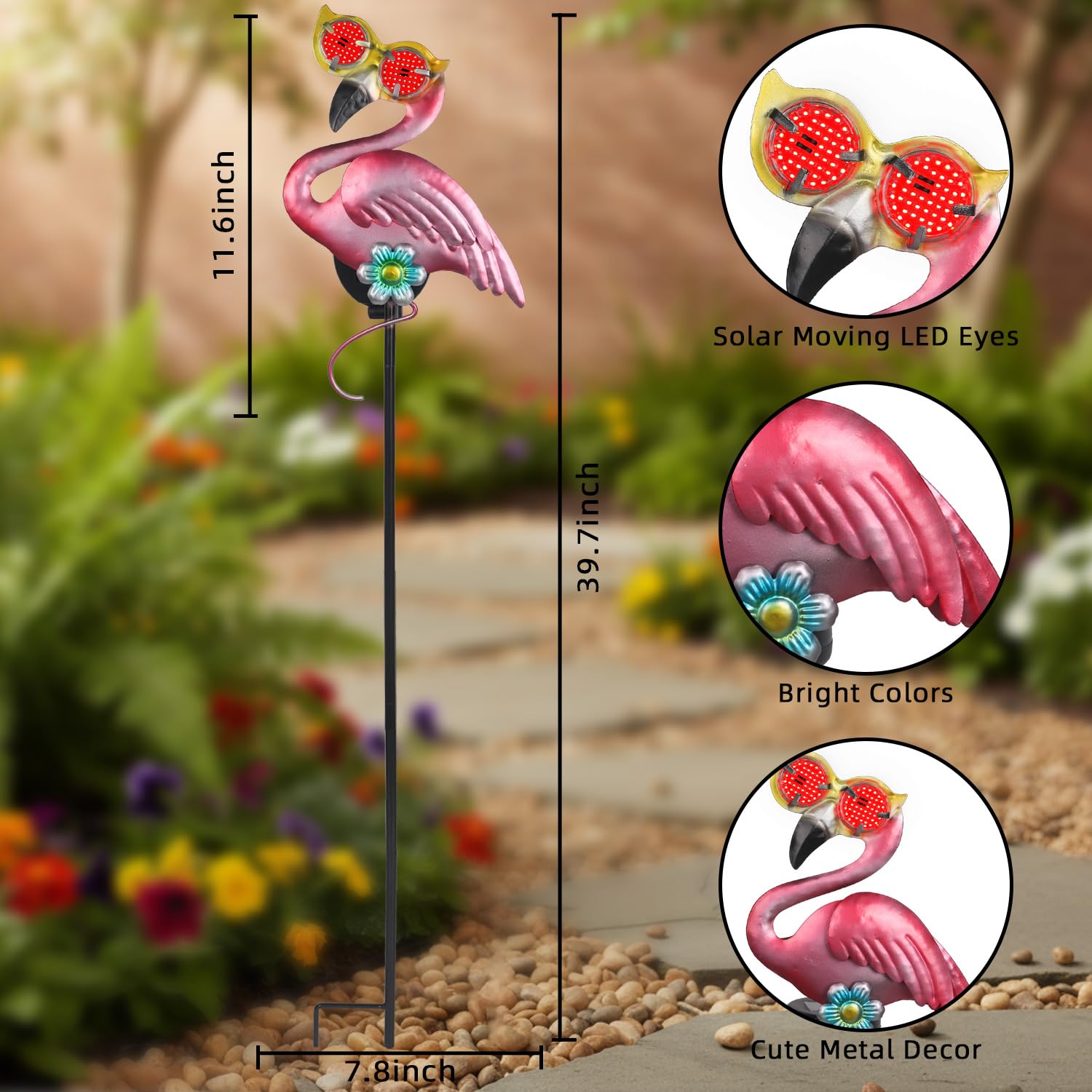 Piquets solaires en forme de flamant rose de 100,8 cm avec globes oculaires mobiles rouges, lampes solaires d'extérieur pour allée, terrasse, pelouse, piquets de jardin