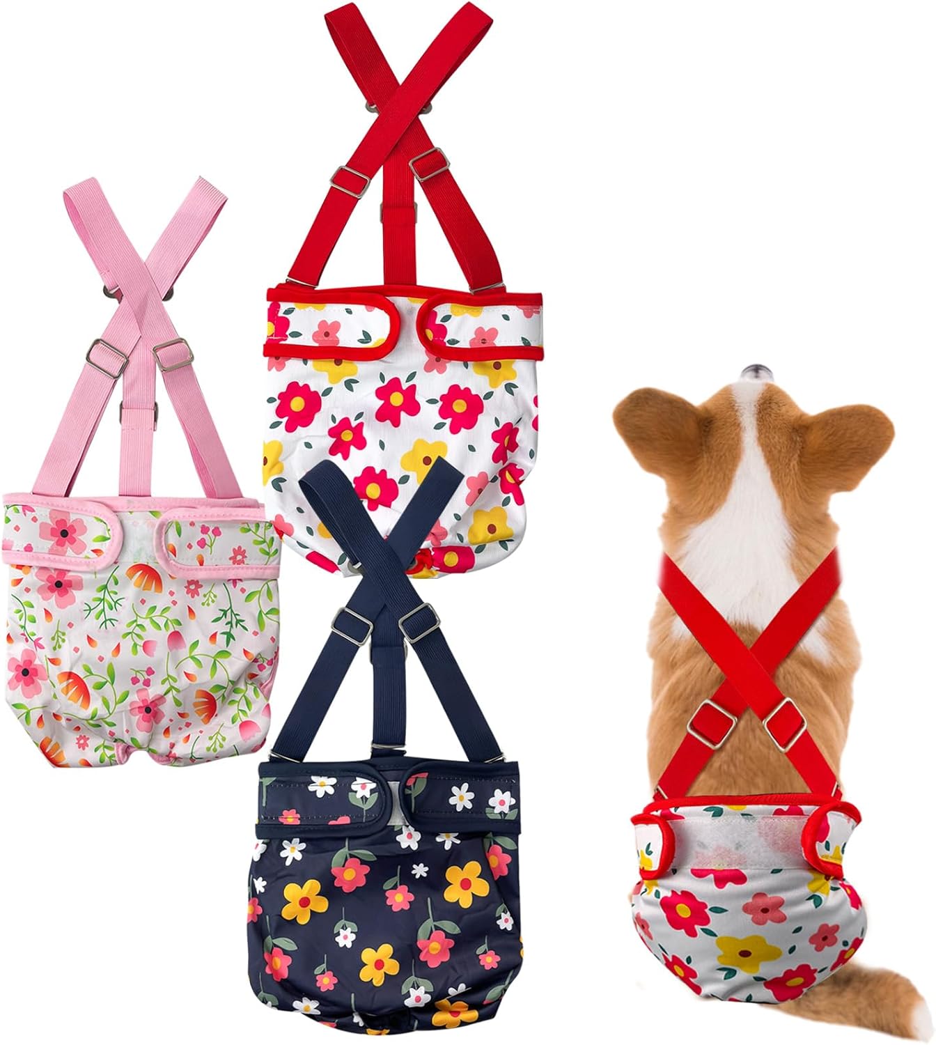 3 Pack Washable Female Dog Diaper with Suspender,Reusable Fixed Doggie Diapers Super Absorbent Leakproof for Small Medium Large Dog in Heat Cycle-M