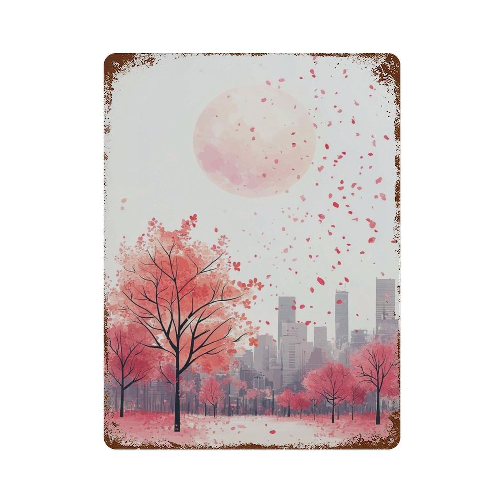 xiaoxiaoshen Cherry Blossom City Pink Urban Landscape Modern Sakura Cityscape Wall Decor Art Metal Tin Poster Modern Home Decor Art Home Bar Shop Decorations Vintage Sign 40x30cm
