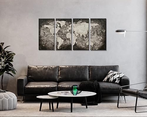 Miniatura 3 de Juego de 4 paneles de mapa del mundo grande, lienzo de arte para pared, lienzo negro con mapa antiguo, decoración de pared, sala de estar (negro, 16