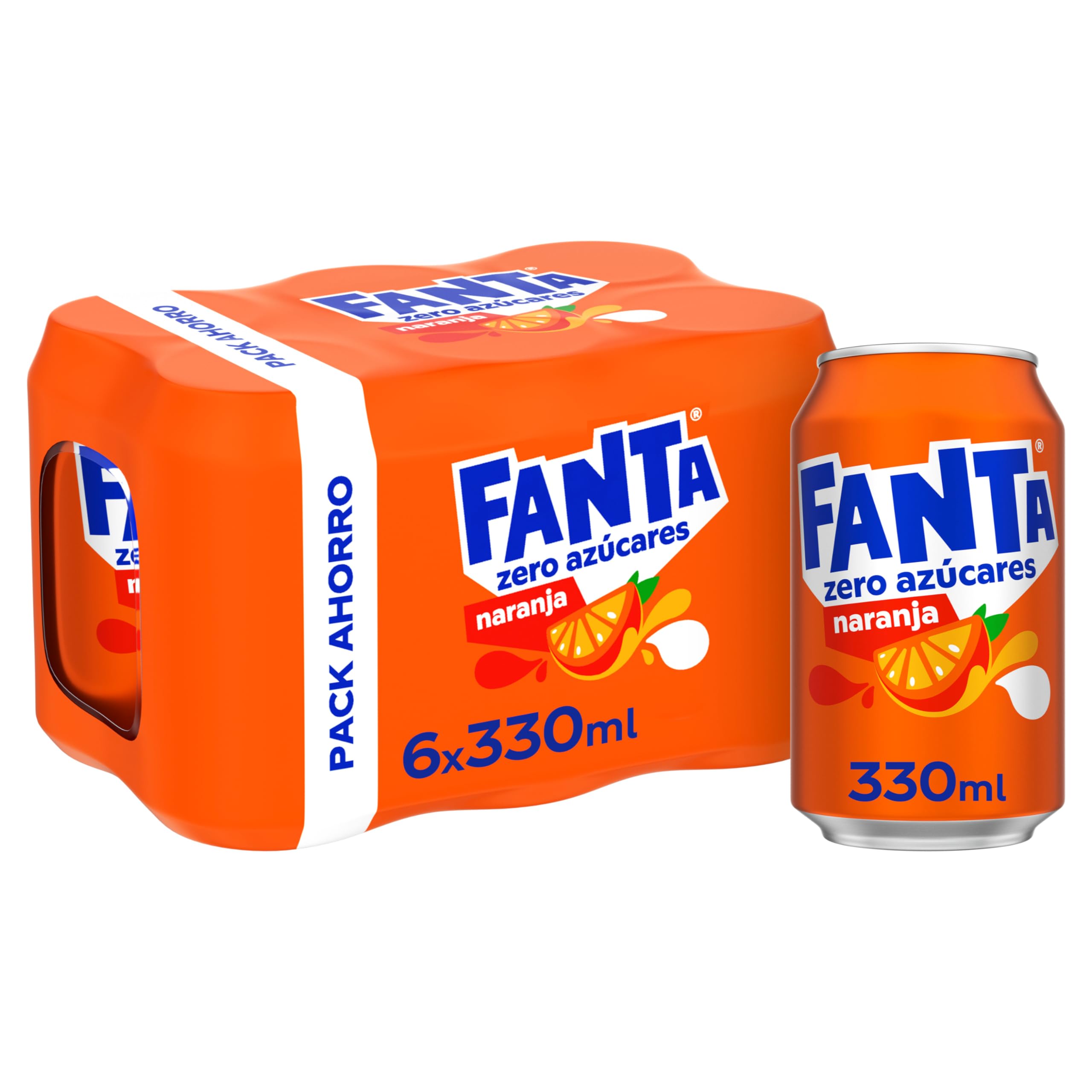 Fanta Naranja Zero Azúcar, Refresco de Naranja Elaborado a partir de Zumo, Bajo en Calorías - Pack 6 Latas 330 ml