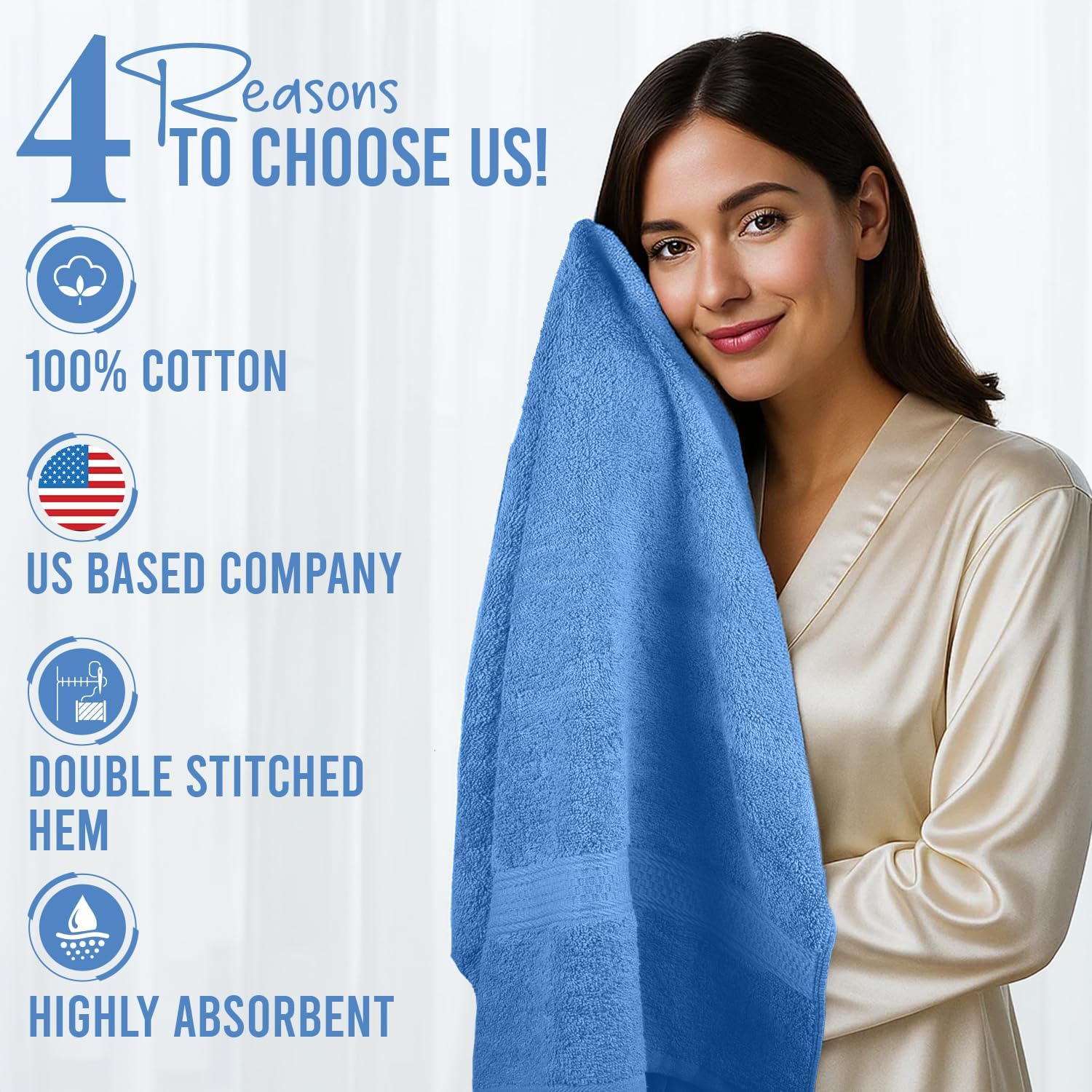 RIVERSIDE 100% Ring Spun Cotton Large Bath Towels Set of 4, 27 x 54 Inches – Quick Dry, Soft & Highly Absorbent Towels for Shower & Bathroom – Luxury 600 GSM Towels for Home, Spa, Gym, Electric Blue