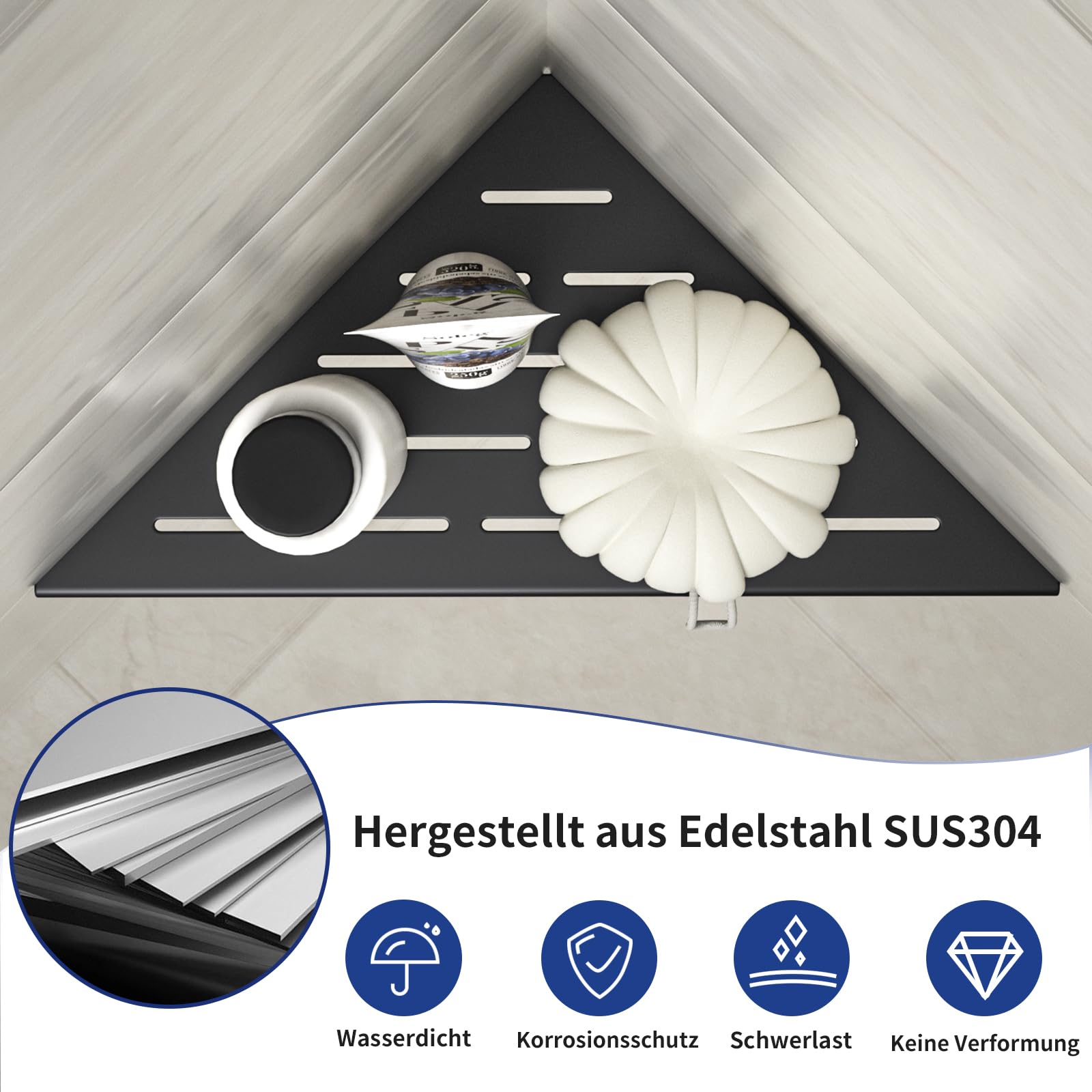 Duschkabinen-Eckablage, 304 Edelstahl Duschablage, Schwarz,2 Stück | eingelassenes Eckregal Badezimmer-Duschregal für geflieste Wand,Duschablage ecke zum einfliesen kein Bohren,254mm