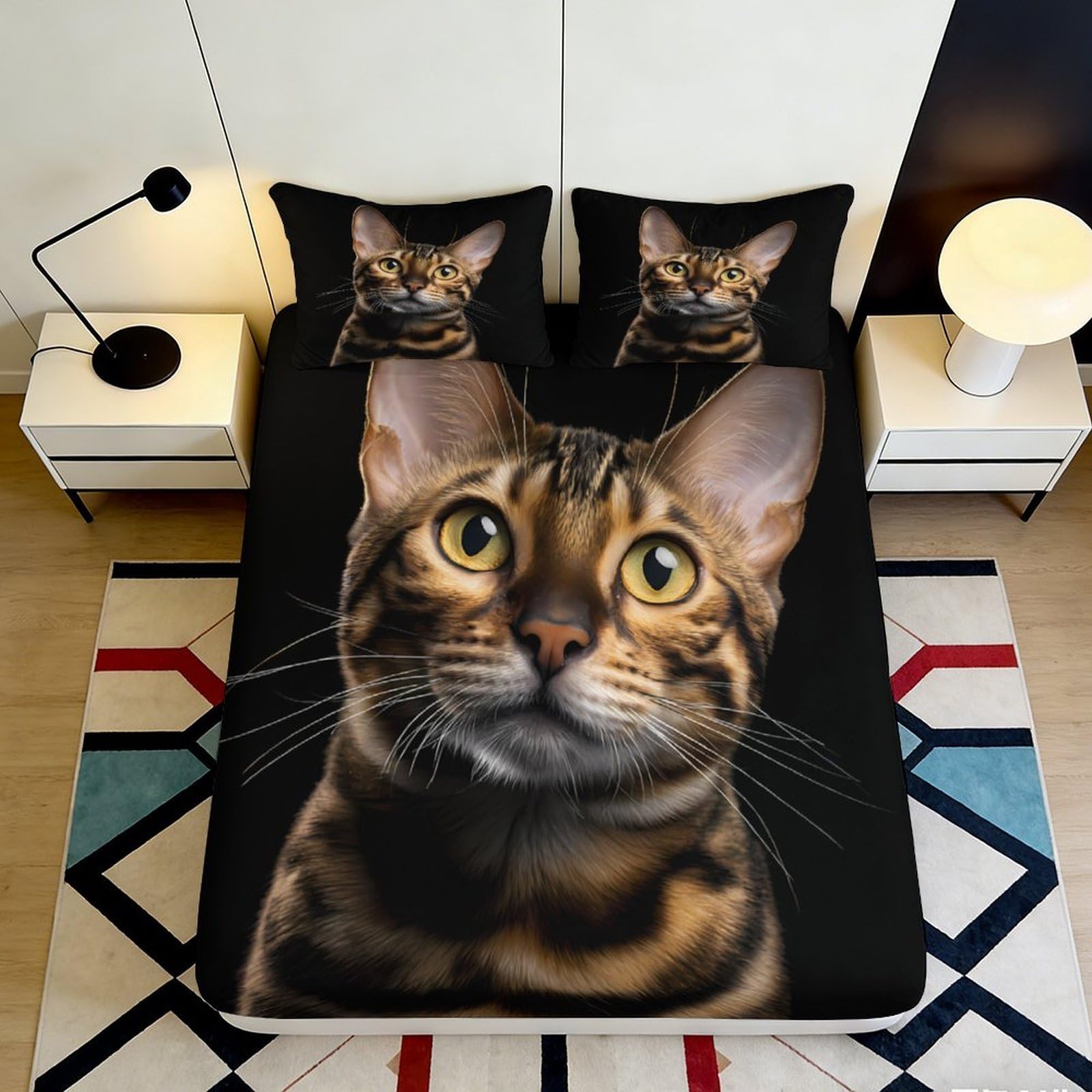 3D Printed Realistic Cat Face Fitted Sheet Microfiber Soft Breathable Animal Pattern Bed Cover for Bedroom Dormitory Guest Room Mattress Protection 140x200x25cm