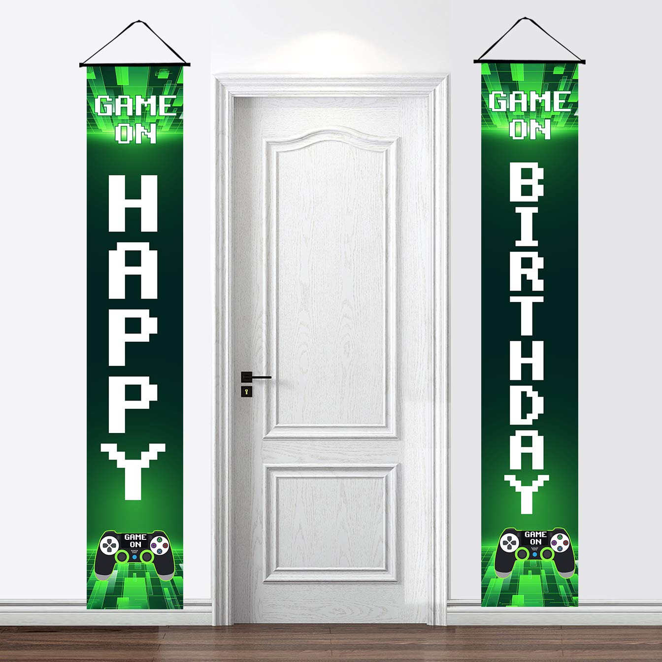 2 Pieces Game On Happy Birthday Door Banner Decorations for Kids Gamer - Game On Happy Birthday Video Game Party Porch Welcome Banner Hanging Yard Signs for Indoor Outdoor Decorations Supplies