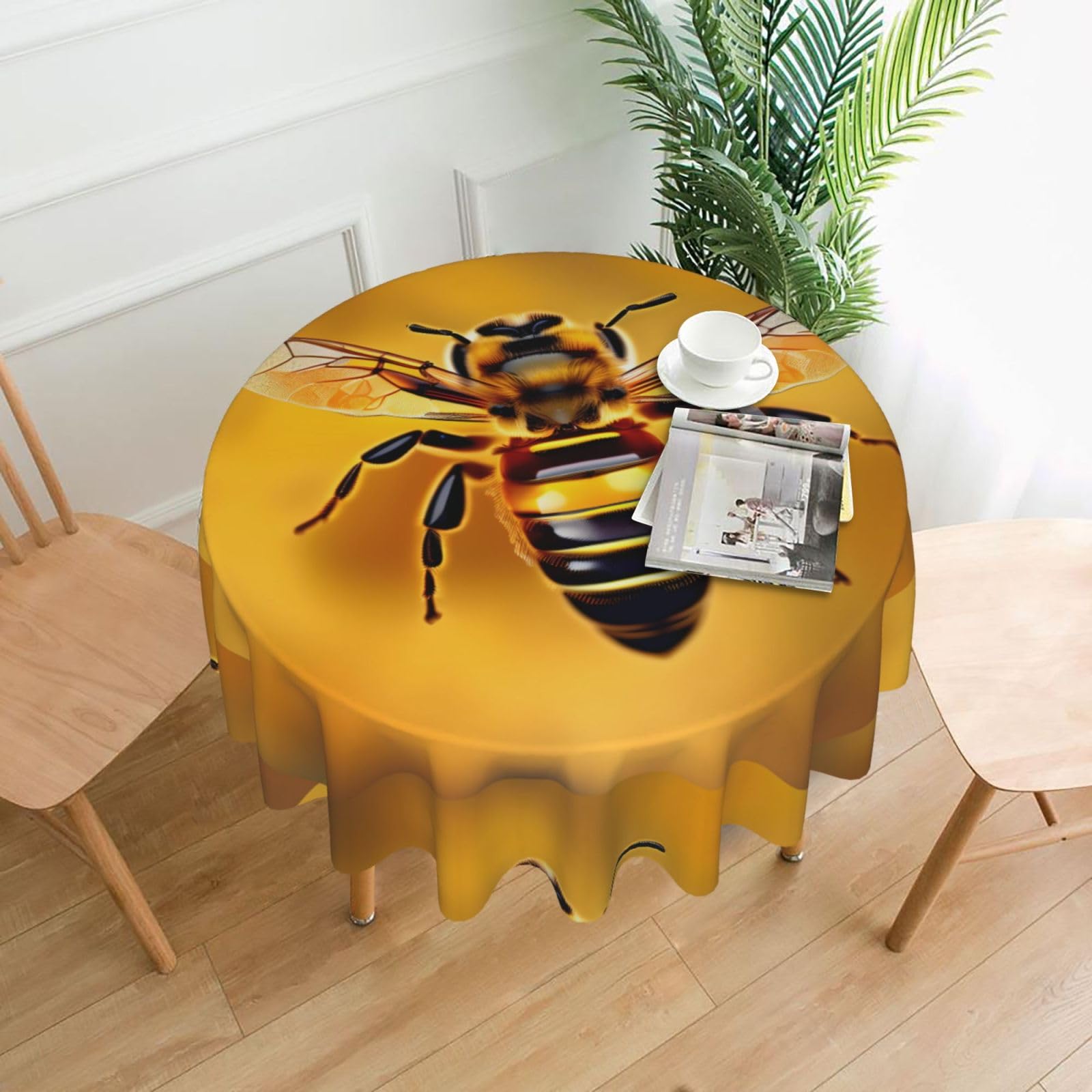 Nbtghga Honey-Bee Print Tablecloth Round Border Table Cloth Cover Decorative For Party Holiday Dinning Tabletop Home