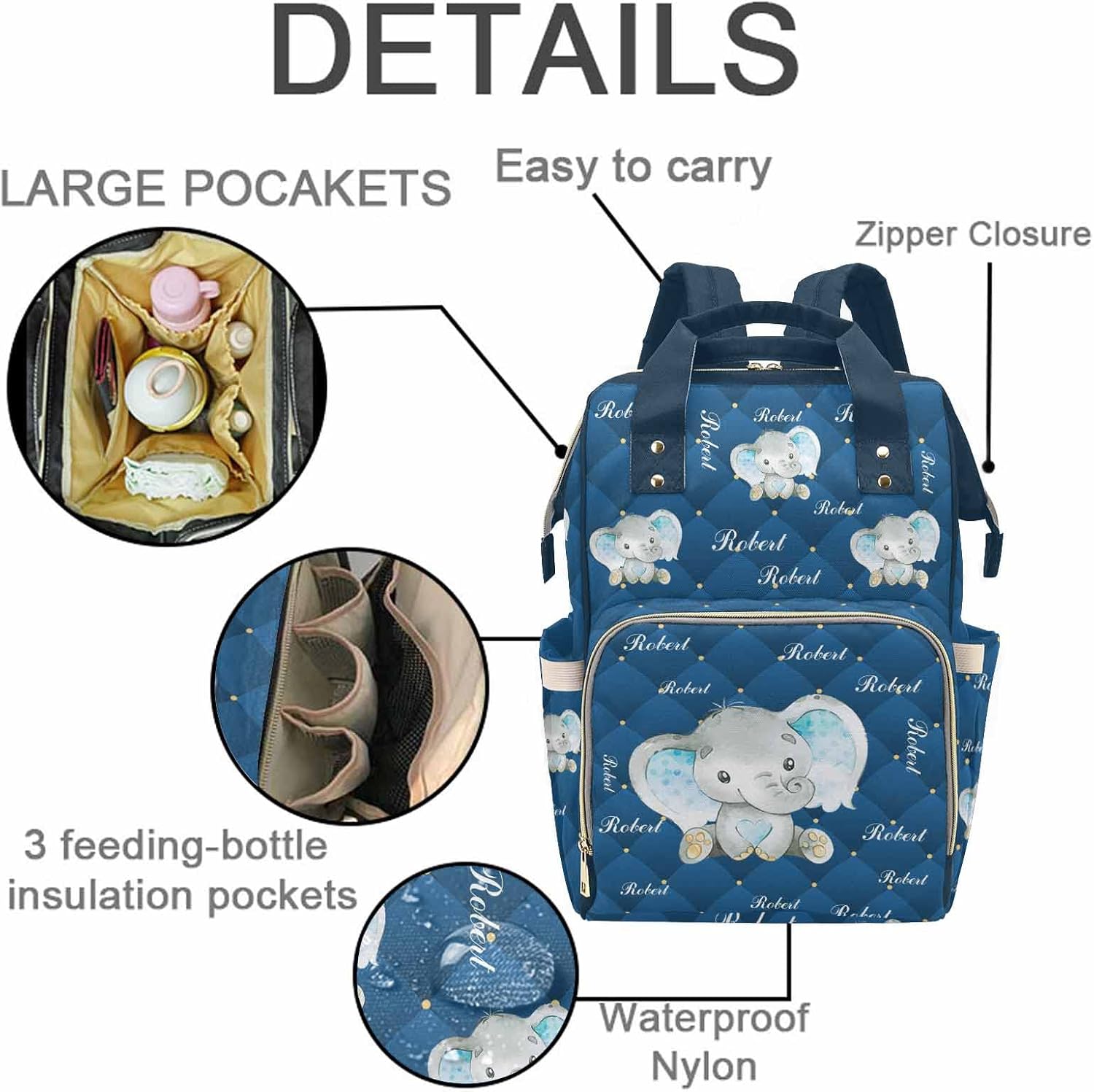 M YESCUSTOM Diaper Bag with Multi Name Custom Baby Bags with Animal Personalized Waterproof Large Capacity Travel Daypack Blue