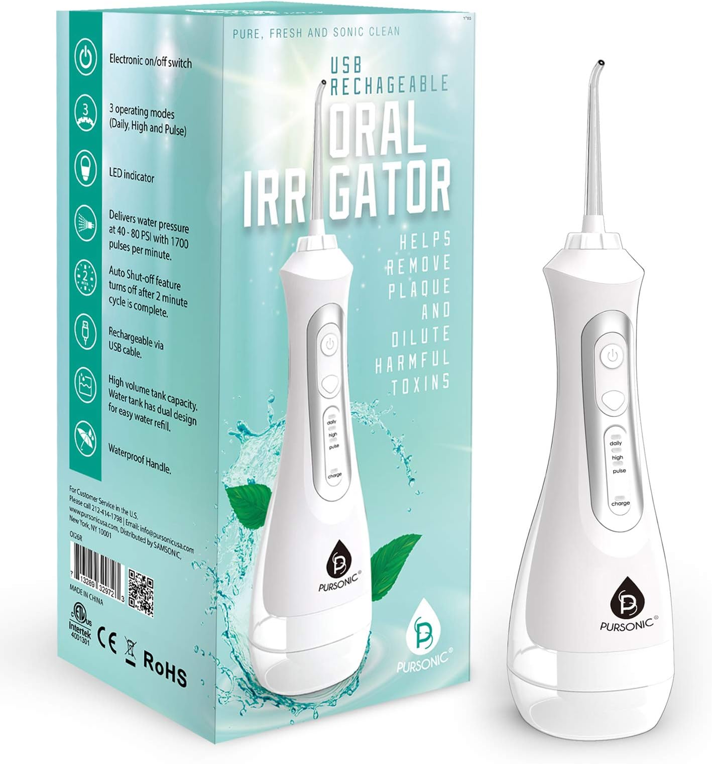 Pursonic USB Rechargeable Oral Irrigator Water Flosser for Travel & Home, Helps Remove Plaque & Dilute Harmful Toxins
