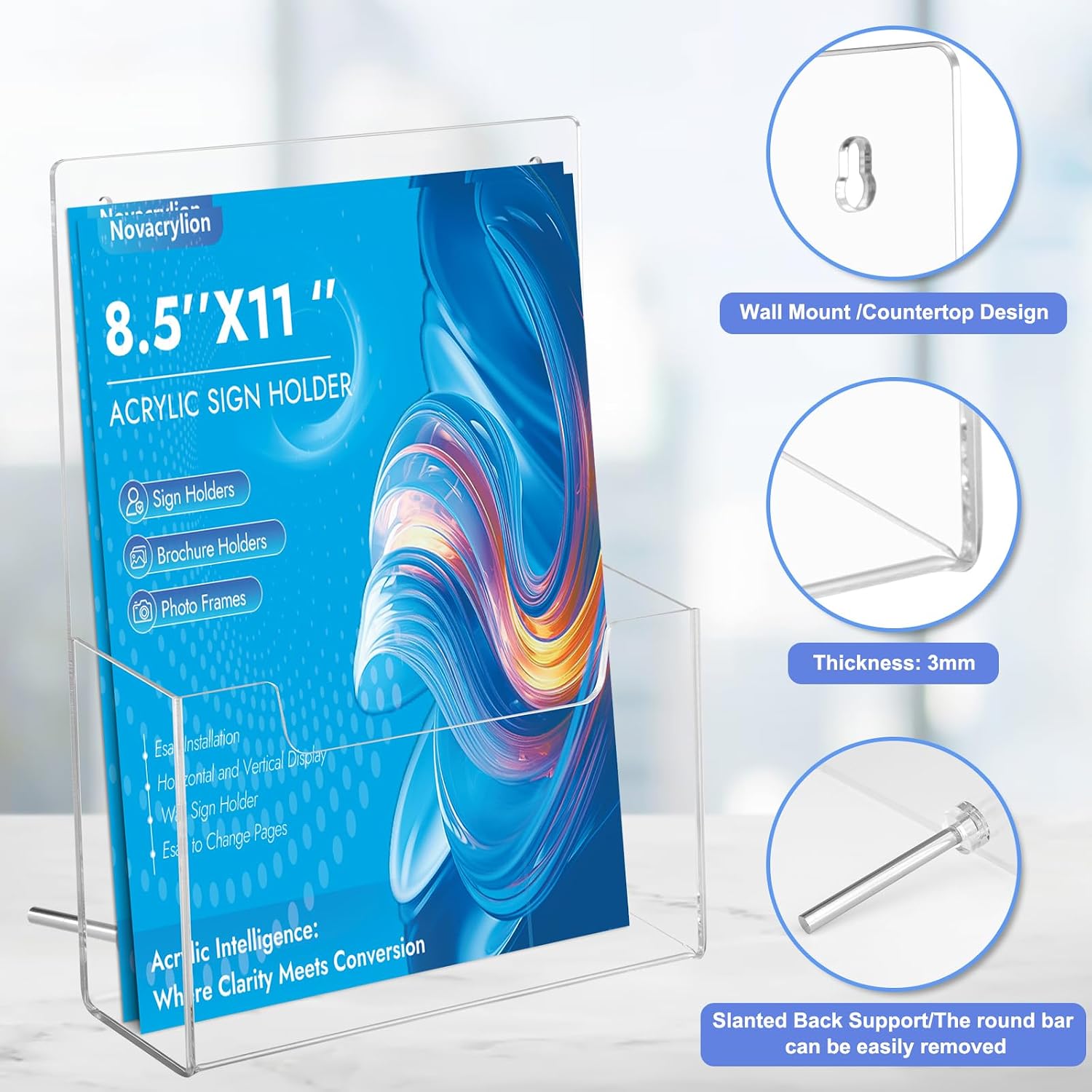 Acrylic Brochure Holder 8.5x11 [2 Pack] - Clear Trifold Sign Holder for Flyers, Menus, Posters | Wall Mount & Desktop Display Stand for Office, Retail, Restaurant