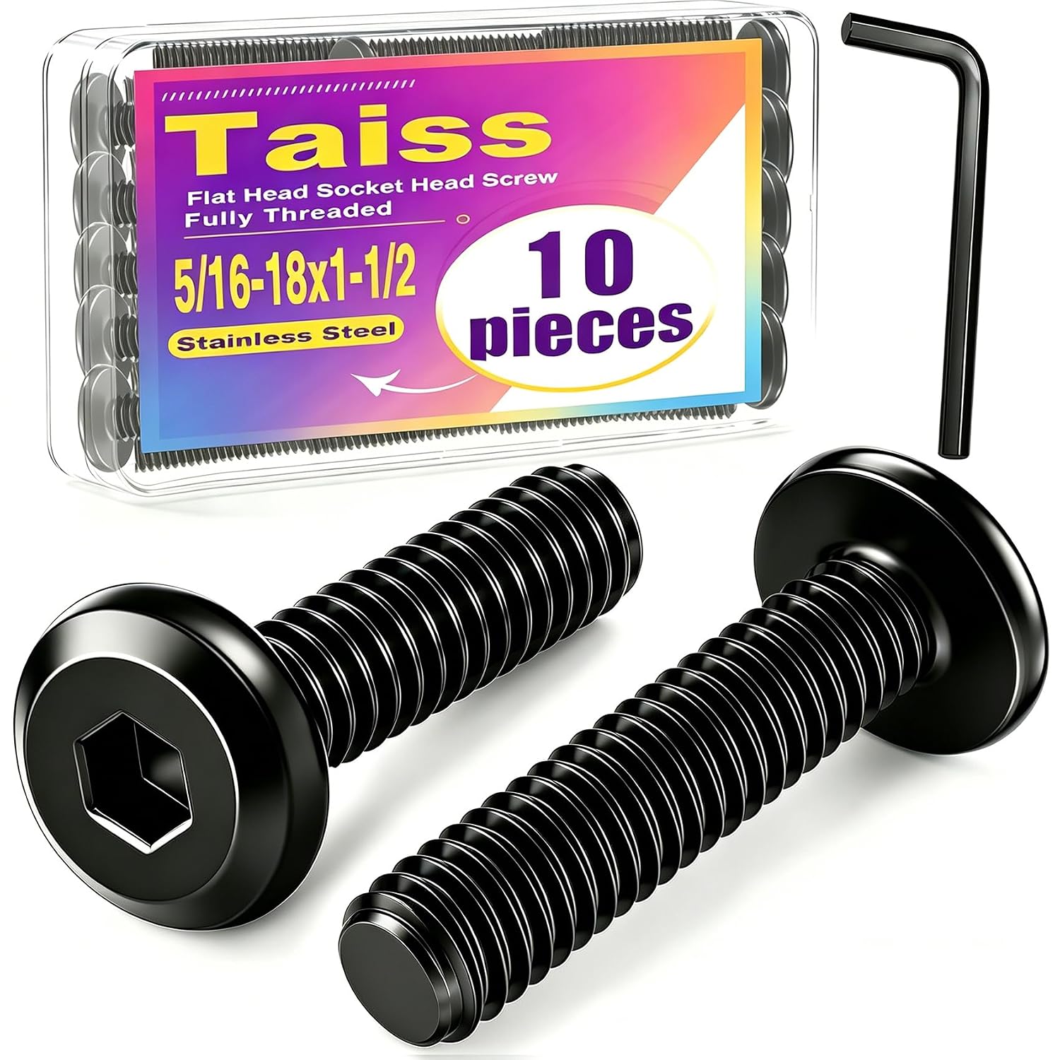 Taiss 10pcs 5/16-18x1-1/2 Flat Head Socket Head Screw,Furniture Bolts,Furniture Screws 304 Stainless Steel,1/4 Bolts Black Zinc Plated Fully Threaded,Countersunk Connector Screws with Hex Spanner