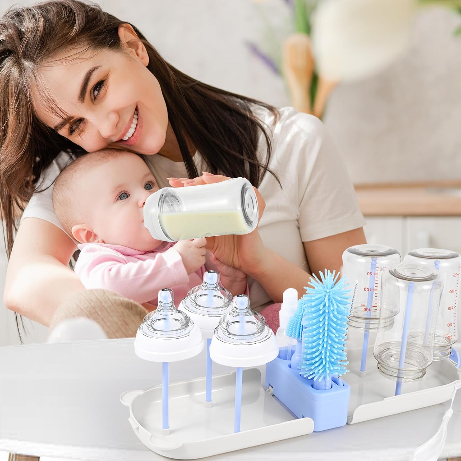 Travel Bottle Washing Kit with Storage Case, 7-in-1 Baby Travel Bottle Cleaner Kit for Travel and Home, All-in-One Baby Bottle Brush Set with Drying Rack for Bottles and Breast Pump Parts (Blue)