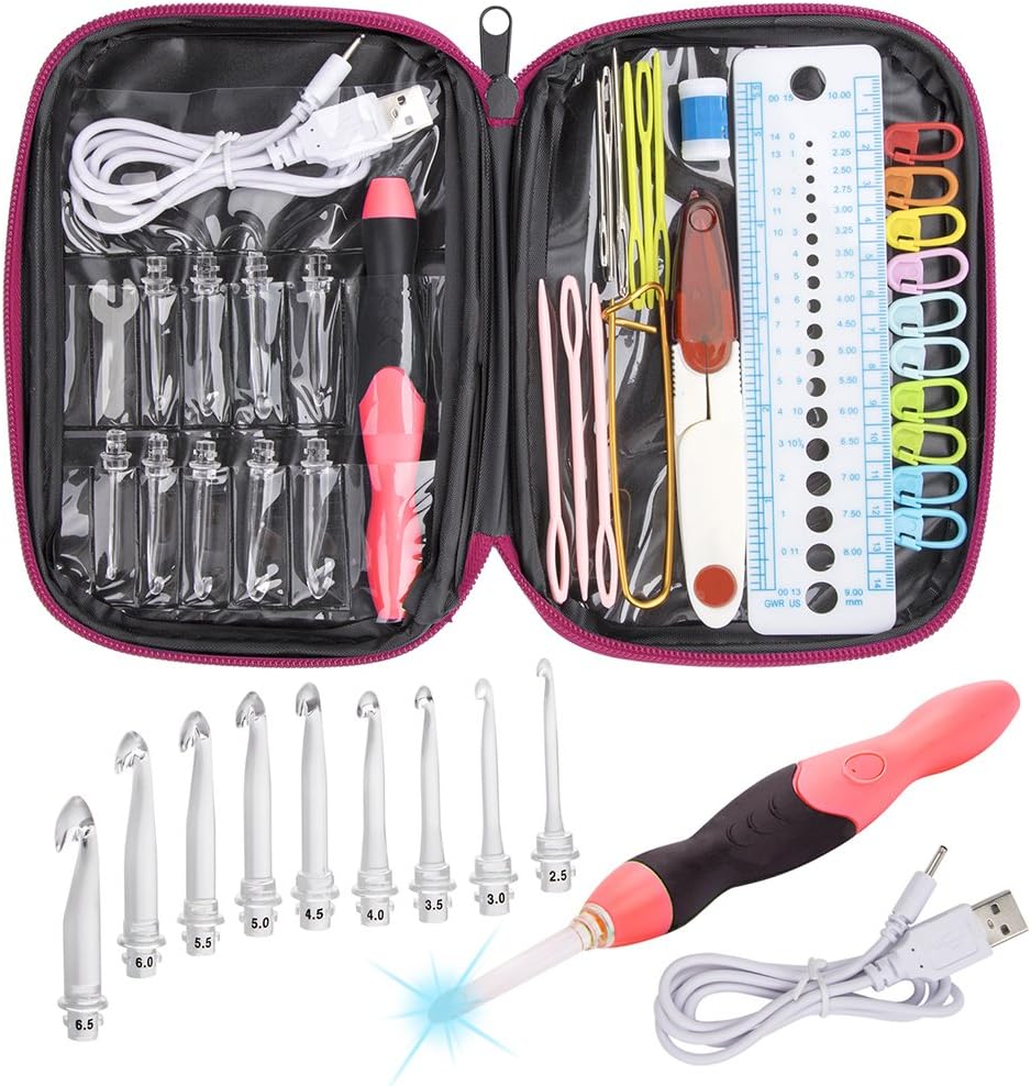 BCMRUN Lighted Crochet Hooks Complete Set Rechargeable, 9 PCS LED Crochet Hook Set,Crochet Hooks with Lights for Arthritic Hands Size 2.5mm to 6.5mm (E,G,7,H,I,J,K) with Case Blue (Rose-red)