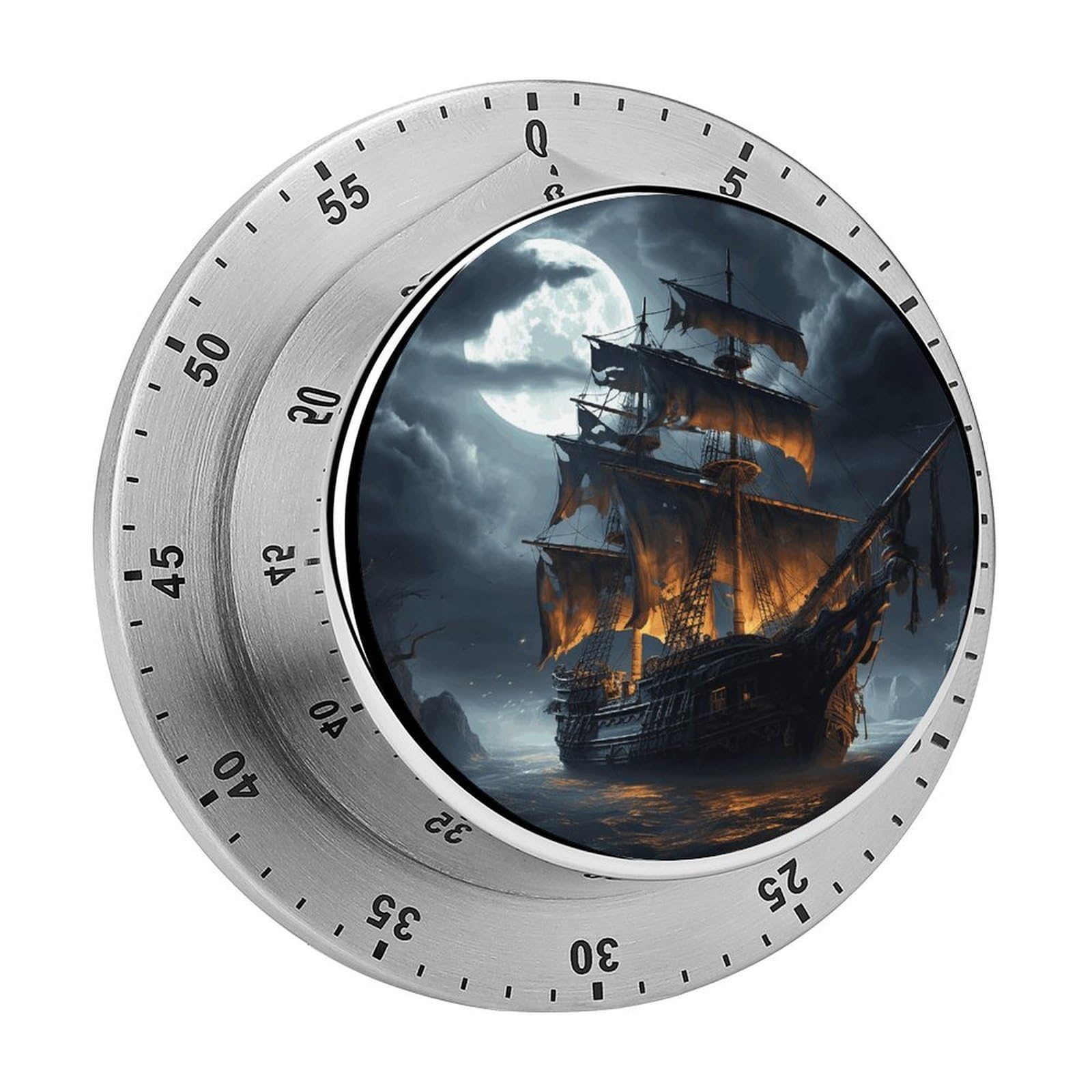 Pirate Sailboat Full Moon Timers Adsorbable Stainless Steel Kitchen Timer Loud 60 Minute Visual Timer Portable Manual Countdown Timers Alarm Clock Time Management Tool for Home Work