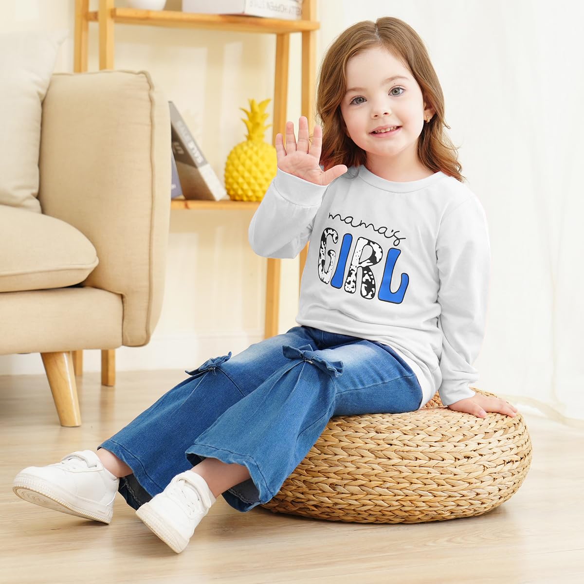 Ropa de niña de manga larga con estampado de dibujos animados y letras + pantalones acampanados con estampado de papelería de frutas