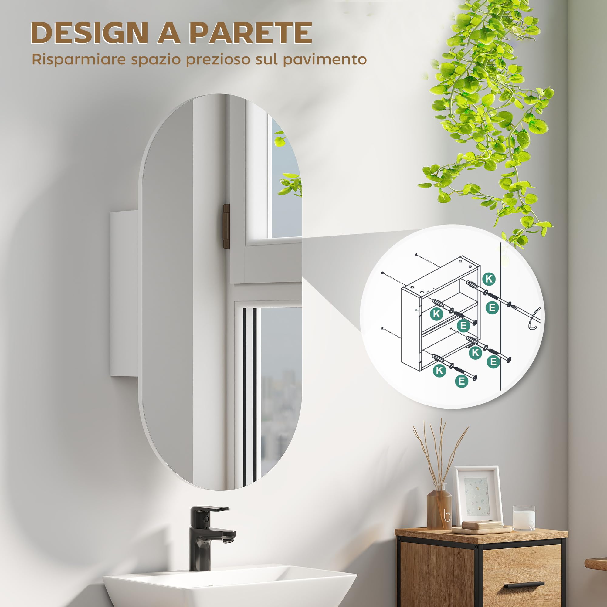HOMCOM Specchiera Bagno Ovale con Armadietto, Specchio Contenitore Bagno Moderna a Parete con Due Ripiani Salvaspazio, 45x90 cm, Bianco