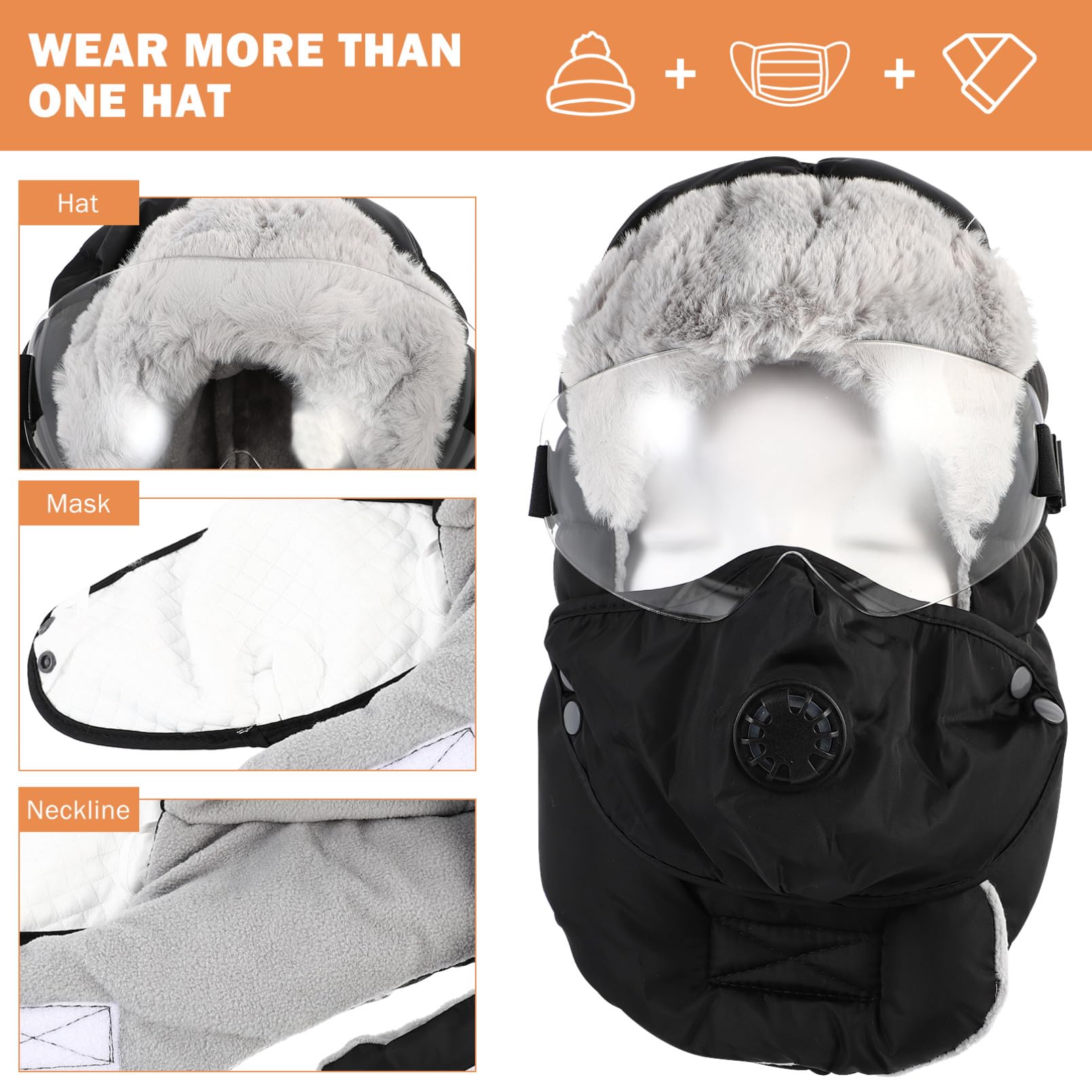 Gorro de Invierno Set de 1 Unidad para Hombre Negro de Algodón con Orejeras y Gafas, Resistente al Viento, Adecuado para Esquiar y Camping