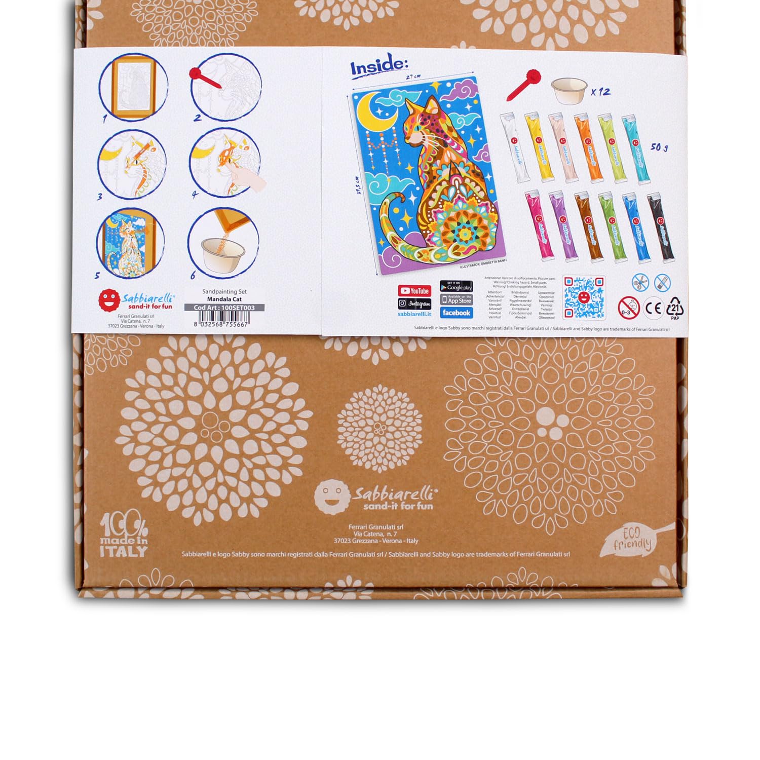 Sabbiarelli Sand-it For Fun – Maxi Set Mandala Chat 12-99 | Kit de Sand Art 100% Made in Italy avec Sable Coloré, 1 Poster Adhésif et Accessoires | Hobby Créatif Relaxant