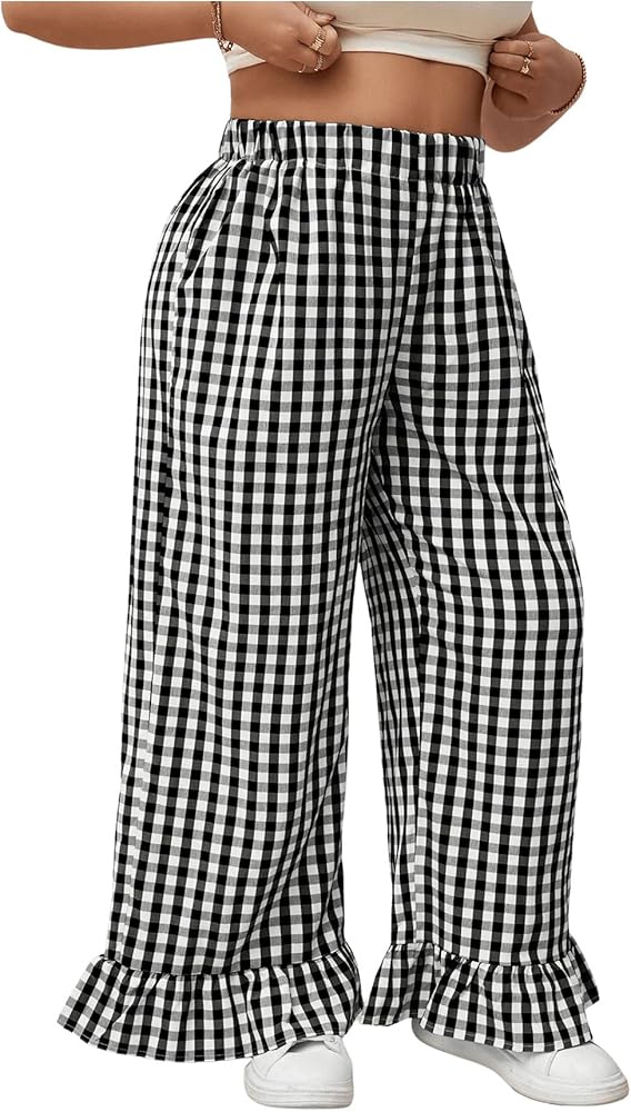 Verdusa Women's Plus Size Gingham Checkered Pants Elastic High