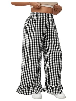 Verdusa Womens Plus Size Gingham Checkered Pants Elastic High Waisted Ruffle Hem Trousers