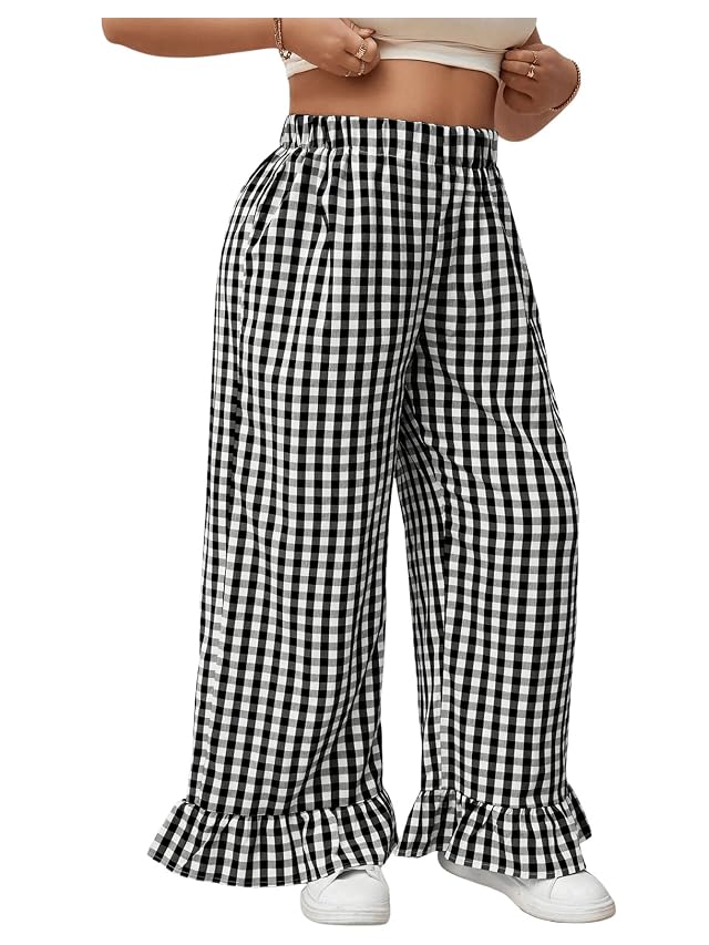Verdusa Womens Plus Size Gingham Checkered Pants Elastic High Waisted Ruffle Hem Trousers