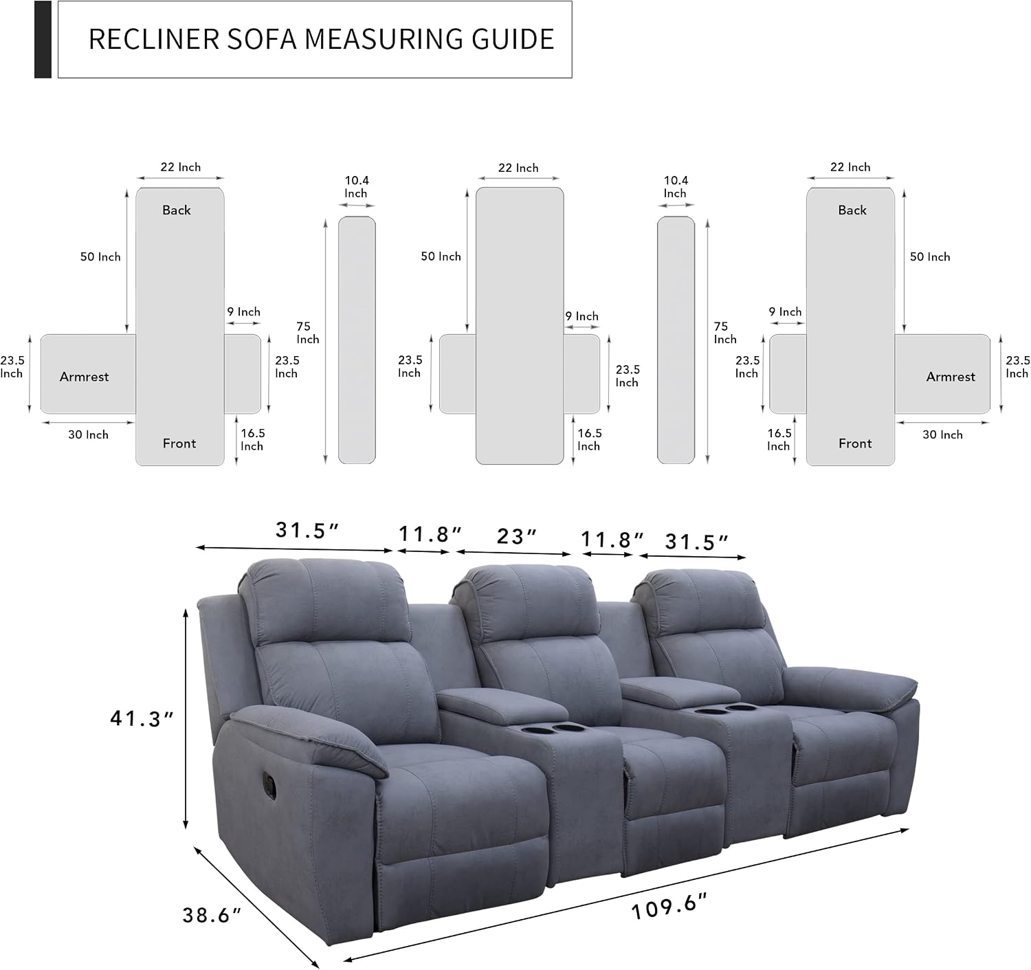 Easy-Going Recliner Sofa Cover with Console, Reversible Couch Cover for Living Room, Split Sofa Cover for Each Seat with Elastic Straps for Kids, Dogs, Pets (3 Seater, Gray/Light Gray)