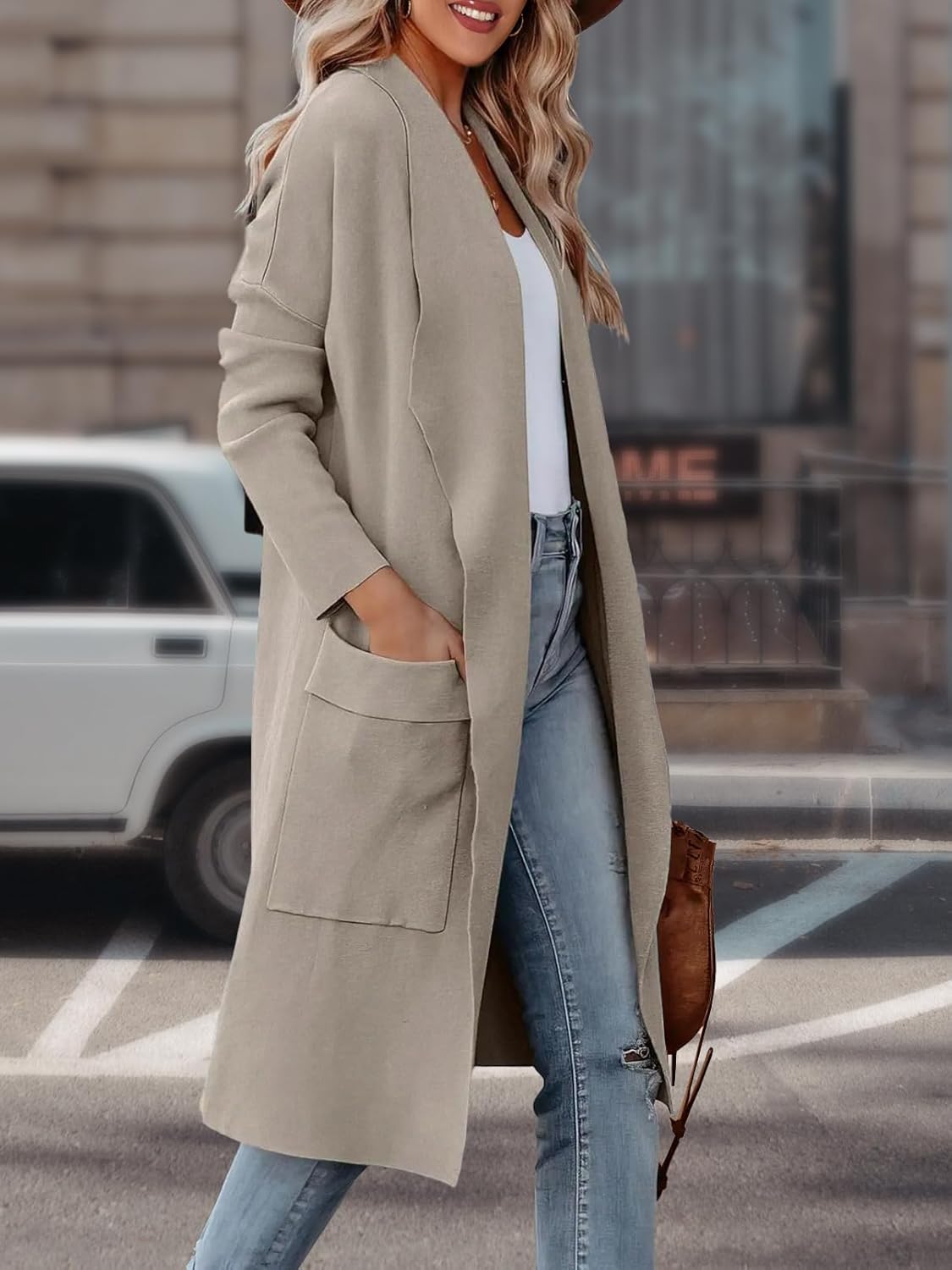 Women's Open Front Knited Loose Cardigan Casual Long Sleeve Draped Knit Pockets Long Jackets Sweater - Image 3