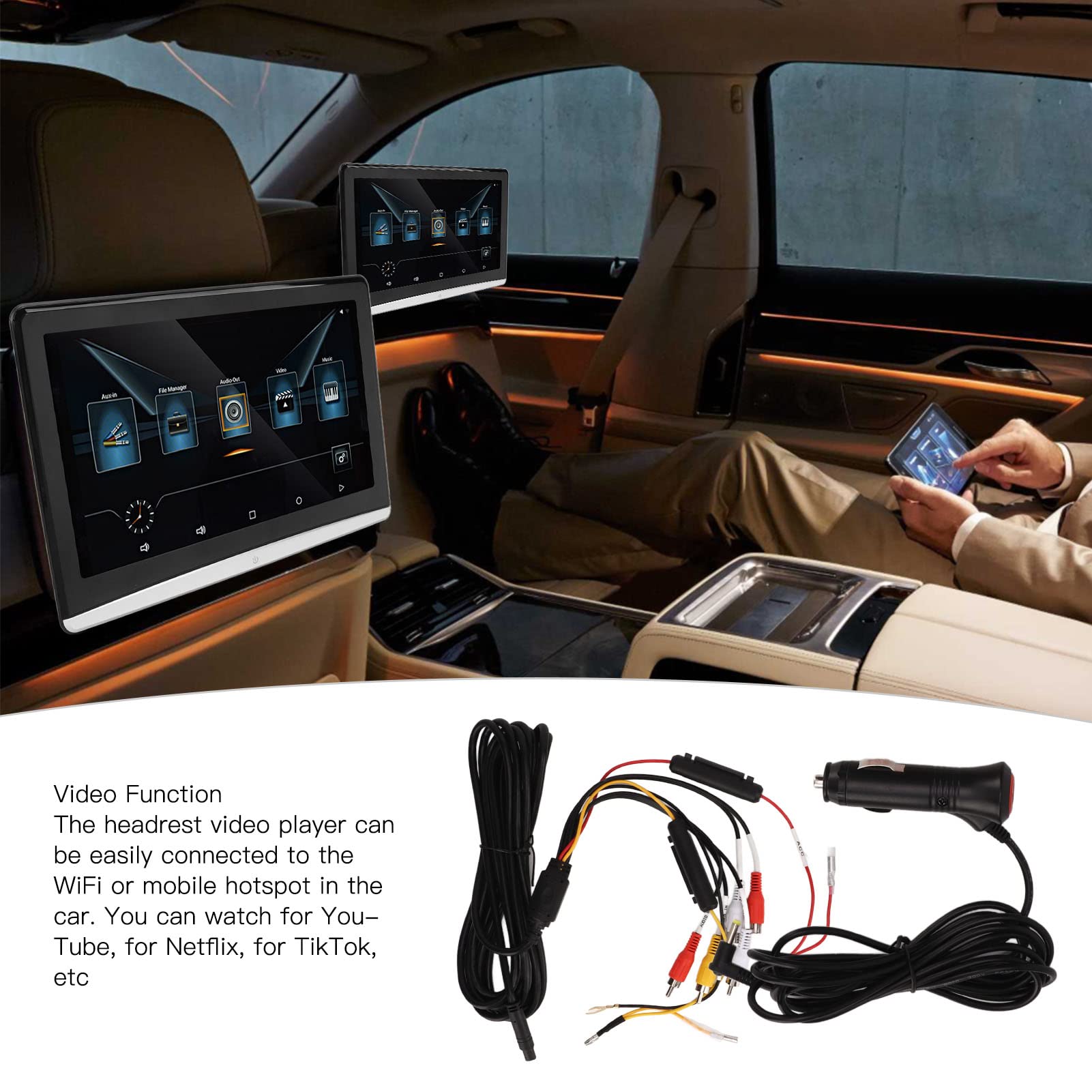 10.6in Car Display, Mutifuctional 1 Coppia Touch Screen Poggiatesta Lettore Video 1920x1080 Car Stereo con LED Luce Colorata Interfaccia USB Multilingue per Veicoli Auto RV