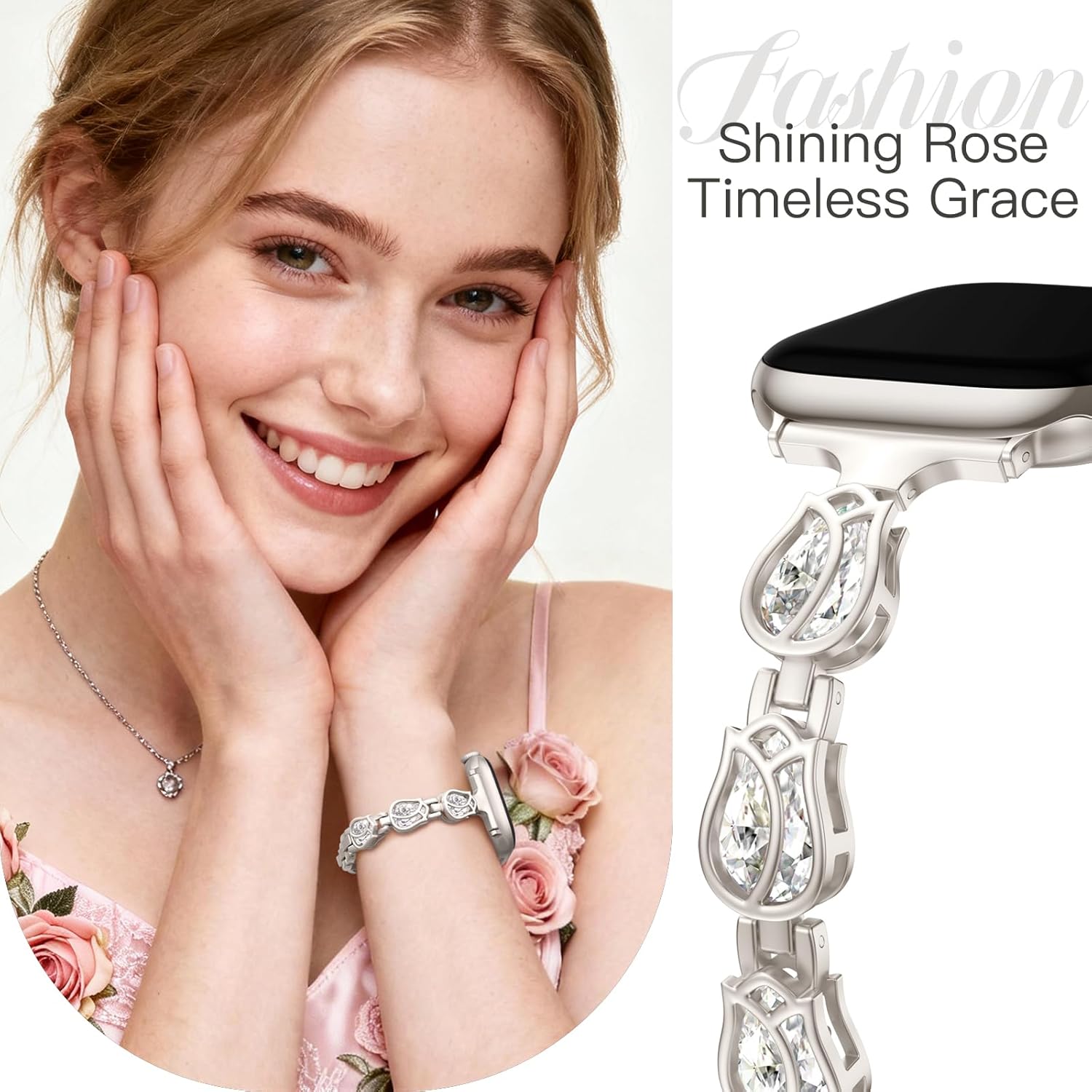 Maledan Rose Diamond Metal Bands Compatible with Apple Watch Series 11/10/9/8/7/6/5/4/3/2/SE/Ultra Women, Stylish Bling Jewelry Bracelet Replacement Bands for iWatch 38mm 40mm 41mm 42mm 44mm 45mm 46mm - Image 2