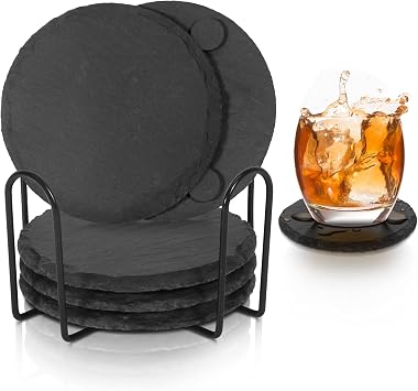 Black Slate Coasters for Drinks - Set of 6 - Anti-Scratch Drink Coasters with Holder - Natural Stone Coaster Bulk, Unique DIY Crafts - Cup Coaster Set for Home Decor, Bar, Coffee, Table