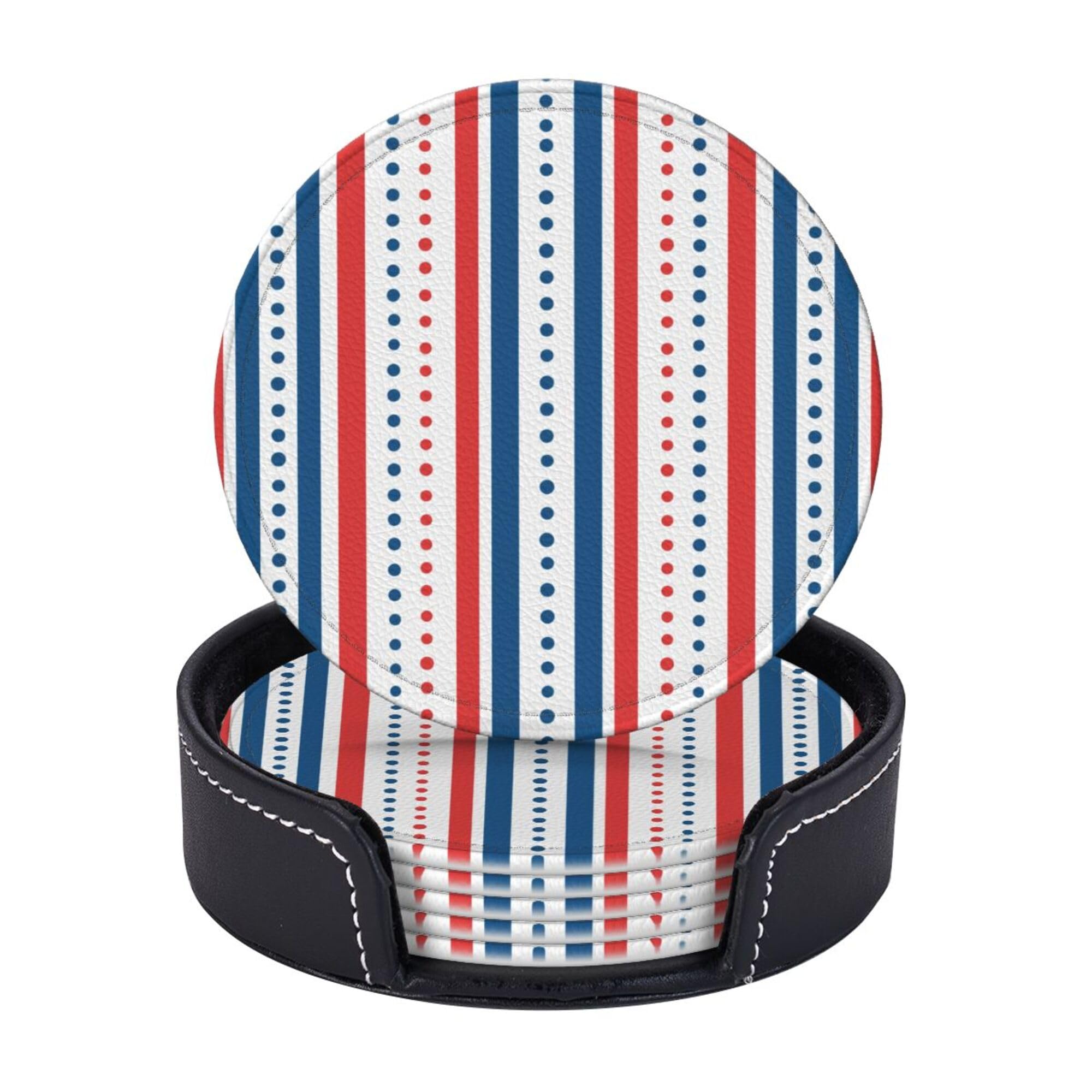 Leather Coasters Set of 6 with Holder, Round Drink Coasters Blue Red Dots Stripes Drink Cup Mat, Drink Coasters for Coffee Table Non-Slip Bar Drink Coaster for Room Decor Bar Housewarming Gift