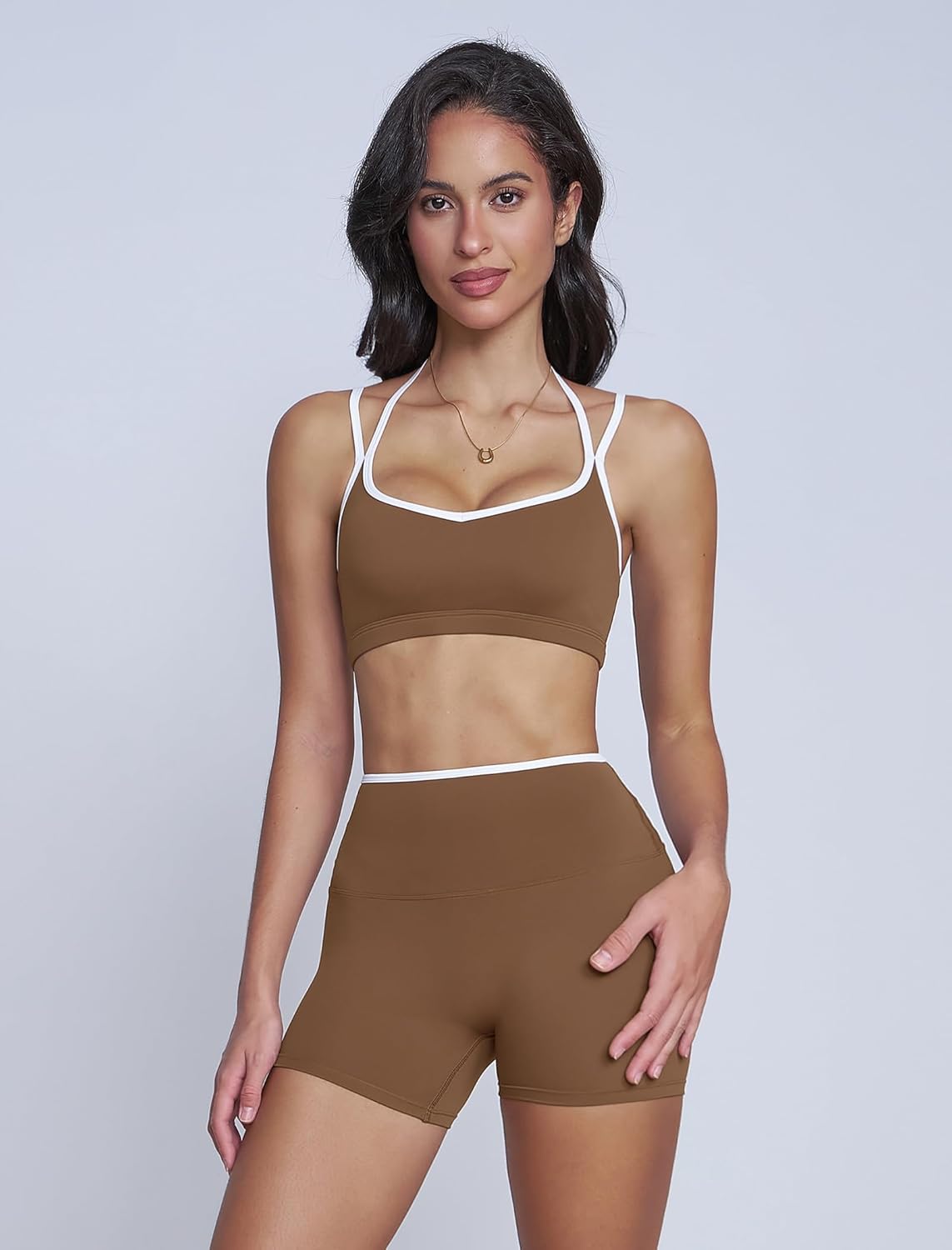 OMEWEE Workout sets for women 2 piece: Fashion contrasting lines Sports Bra and Tummy Control Butt-lifting Shorts